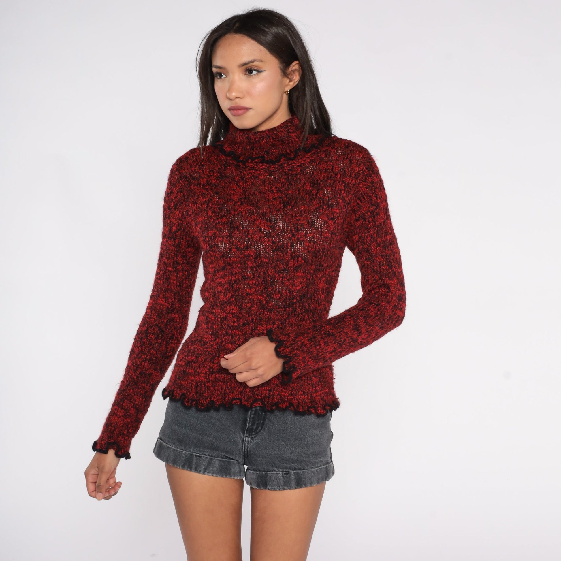 90s Red Black Flecked Turtleneck Sweater Lettuce Edge Knit Medium M