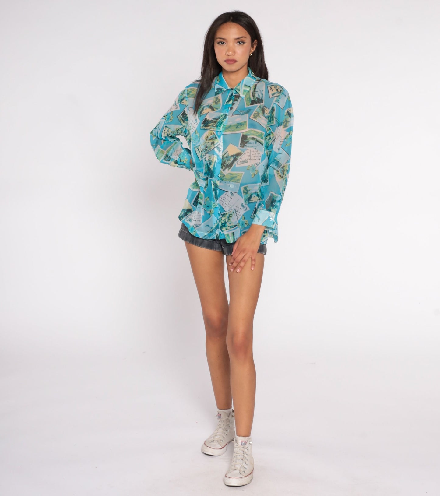 90s Travel Postcard Print Sheer Blue Button-Up Blouse Long Sleeve Medium M