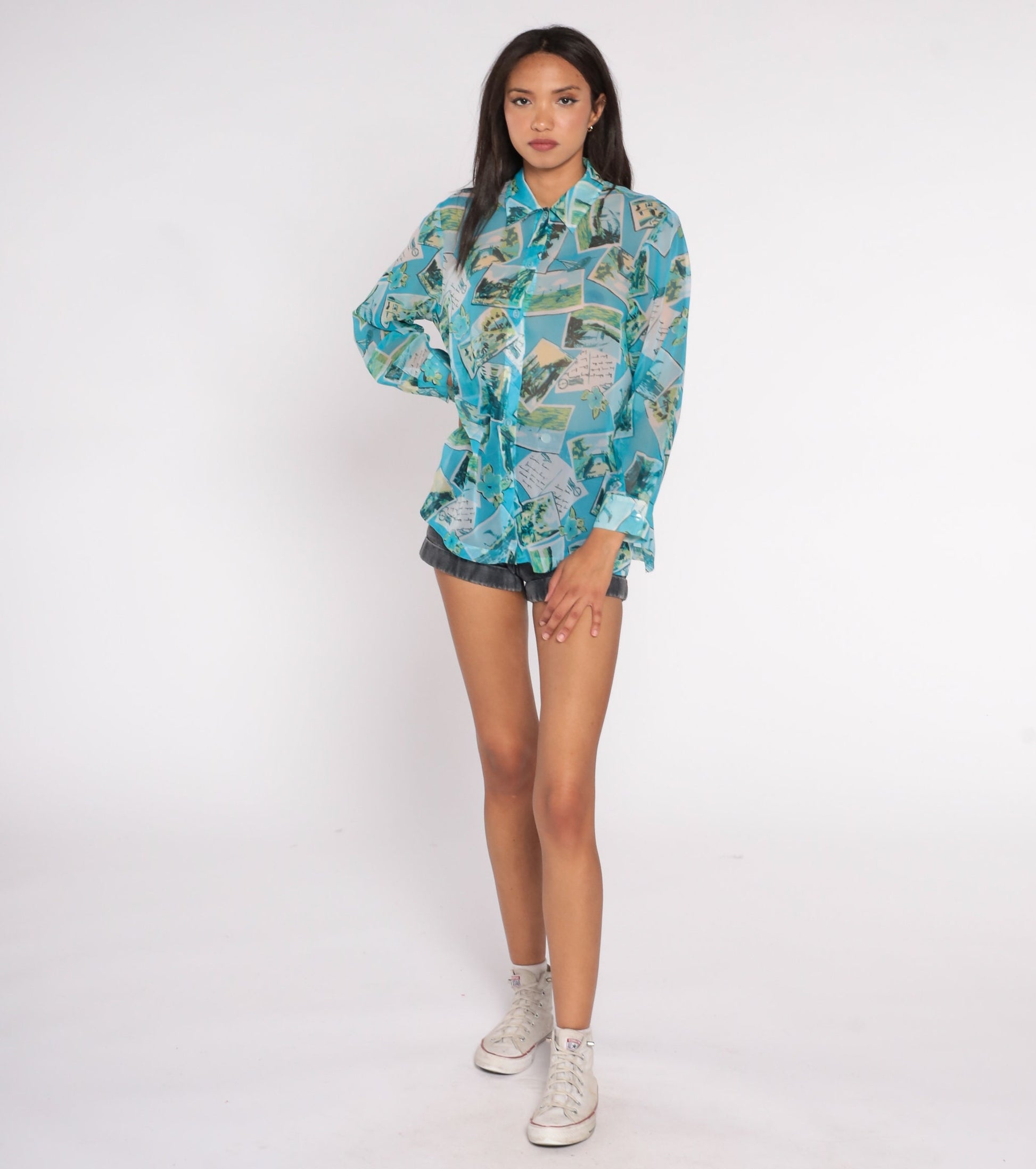 90s Travel Postcard Print Sheer Blue Button-Up Blouse Long Sleeve Medium M