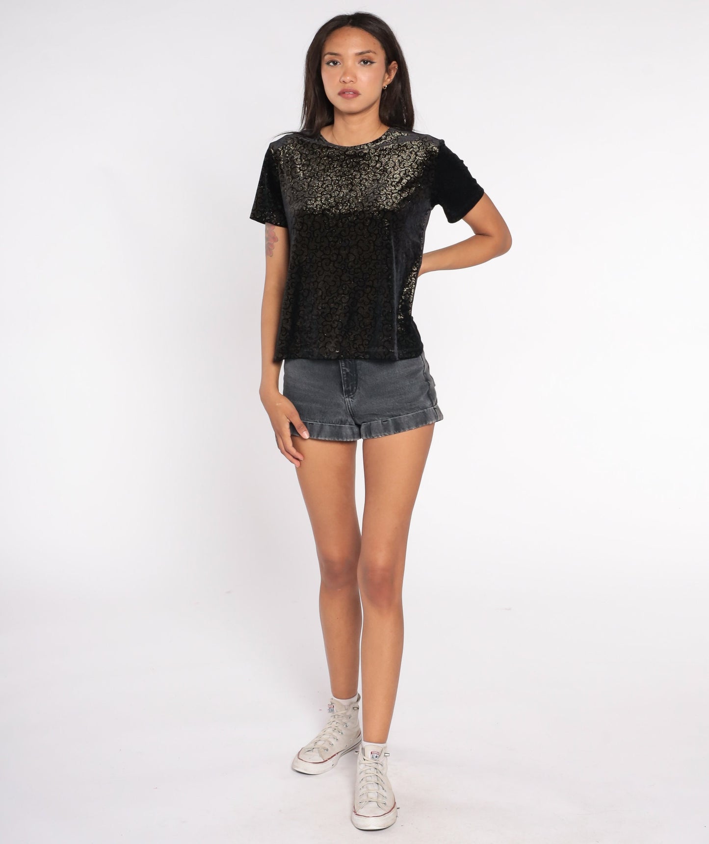 90s Black Velvet Swirl Print Sparkly Short Sleeve Top Medium M