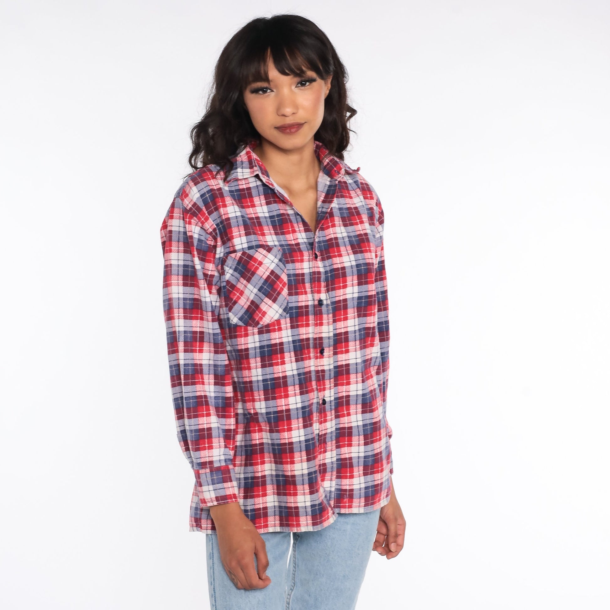 90s Red Blue Plaid Flannel Shirt Cotton Button Up Medium
