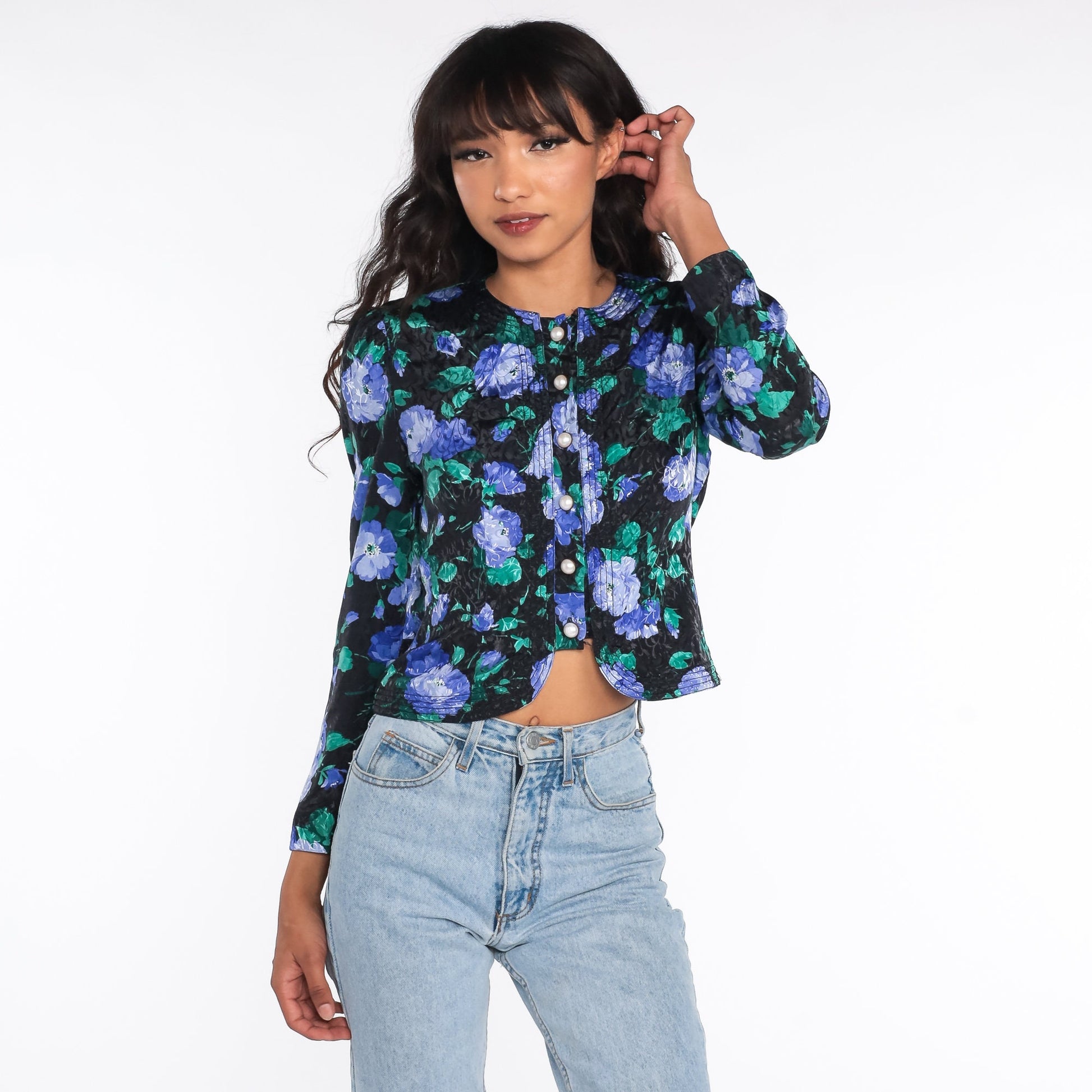 80s Floral Crop Top Puff Sleeve Button Up Blouse Black Extra Small