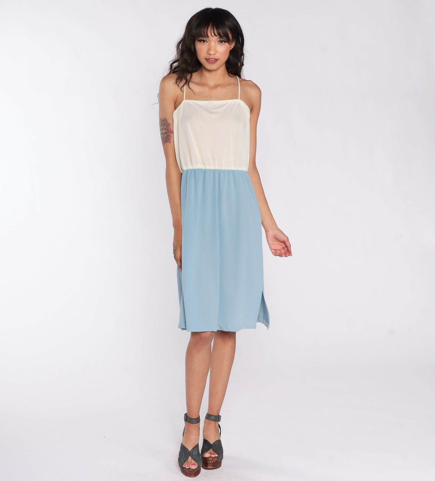 70s Cream Blue Color Block Spaghetti Strap Midi Dress High Waist Medium