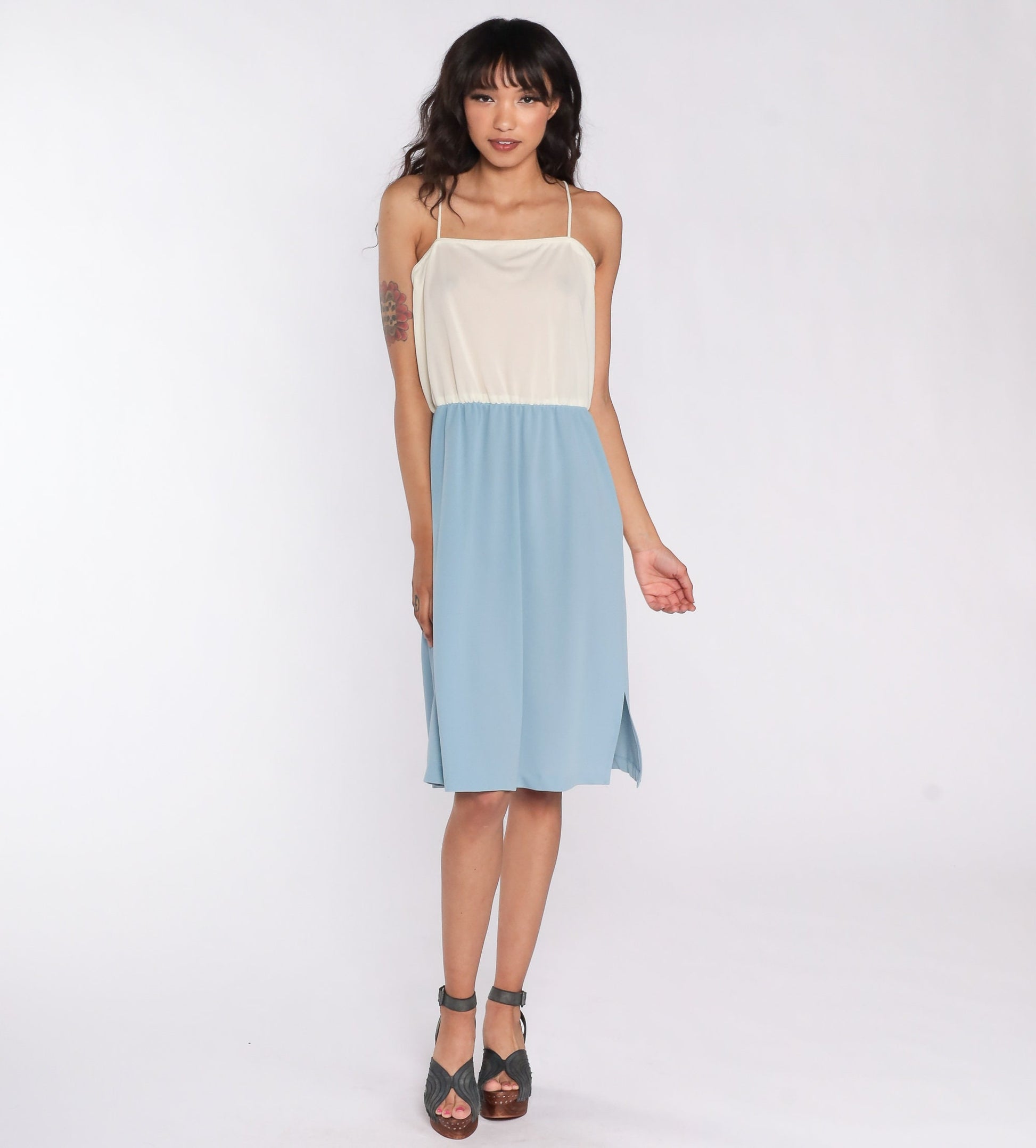 70s Cream Blue Color Block Spaghetti Strap Midi Dress High Waist Medium