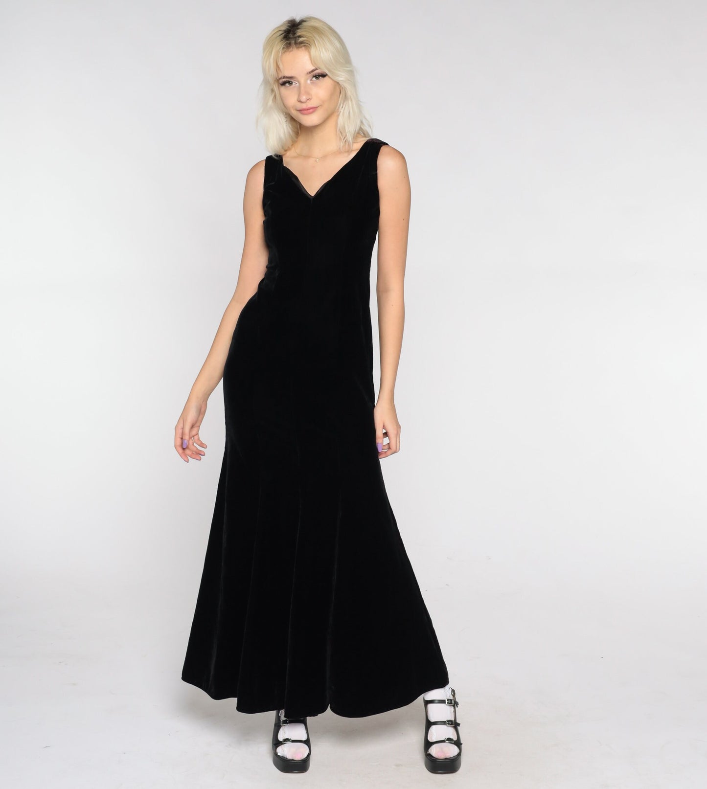 90s Black Velvet Maxi Dress V-Neck Sleeveless Sheath Extra Small