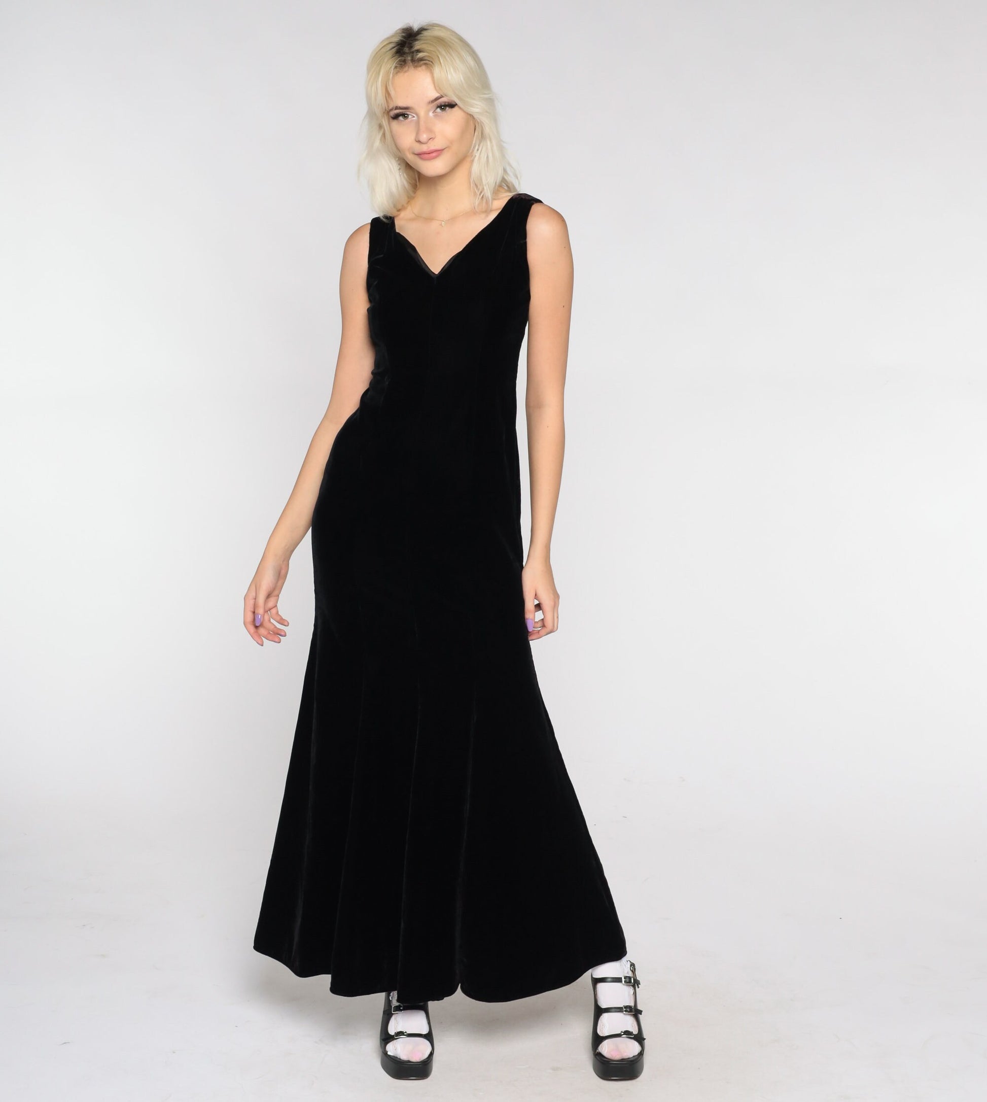 90s Black Velvet Maxi Dress V-Neck Sleeveless Sheath Extra Small