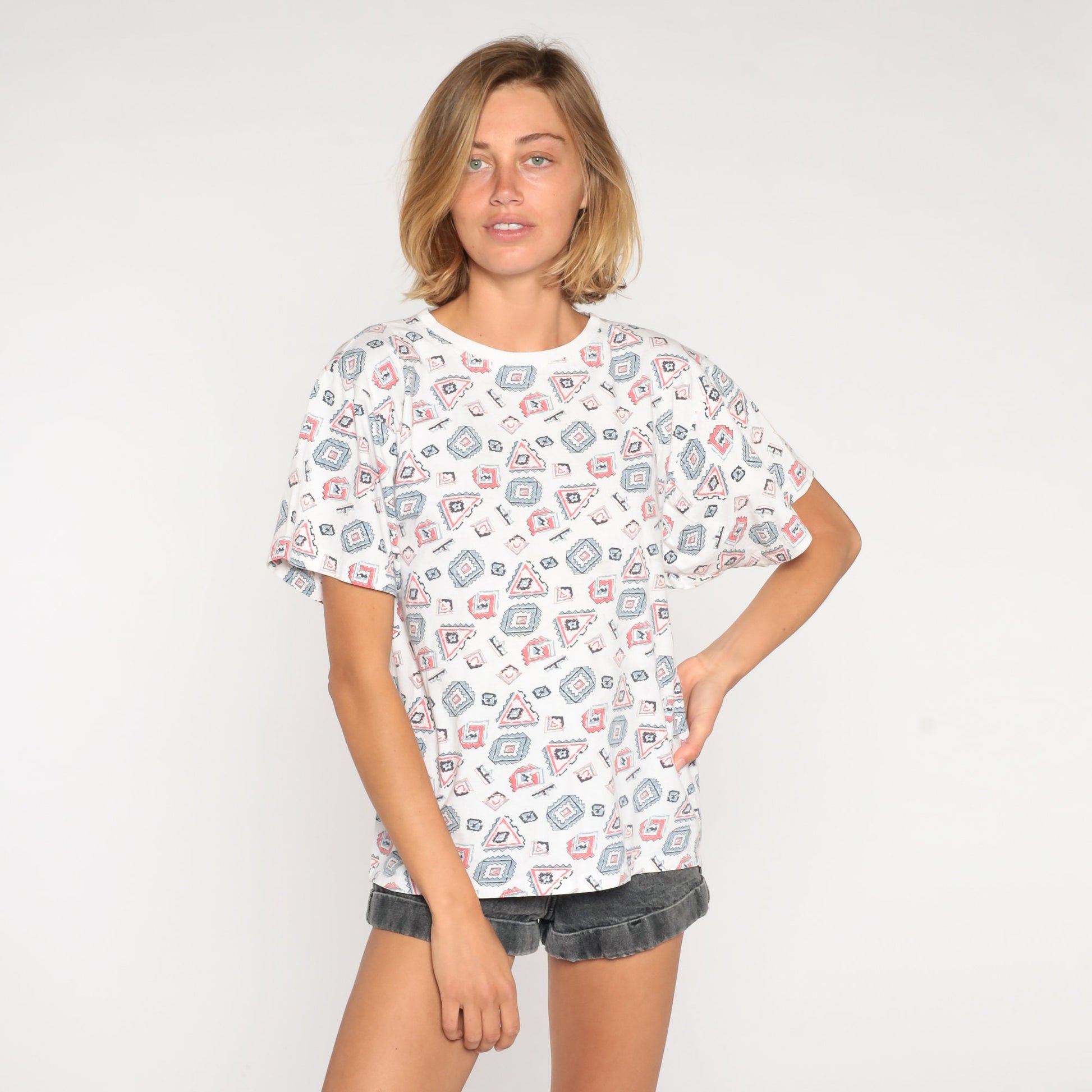 90s Geometric Print T-Shirt Southwestern Graphic Cotton Small