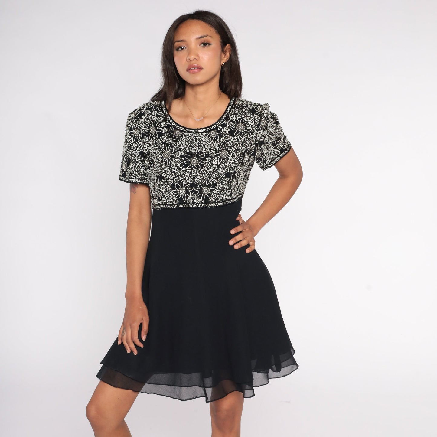 Y2K Black Floral Beaded Empire Waist Mini Dress Chiffon Short Sleeve Large L