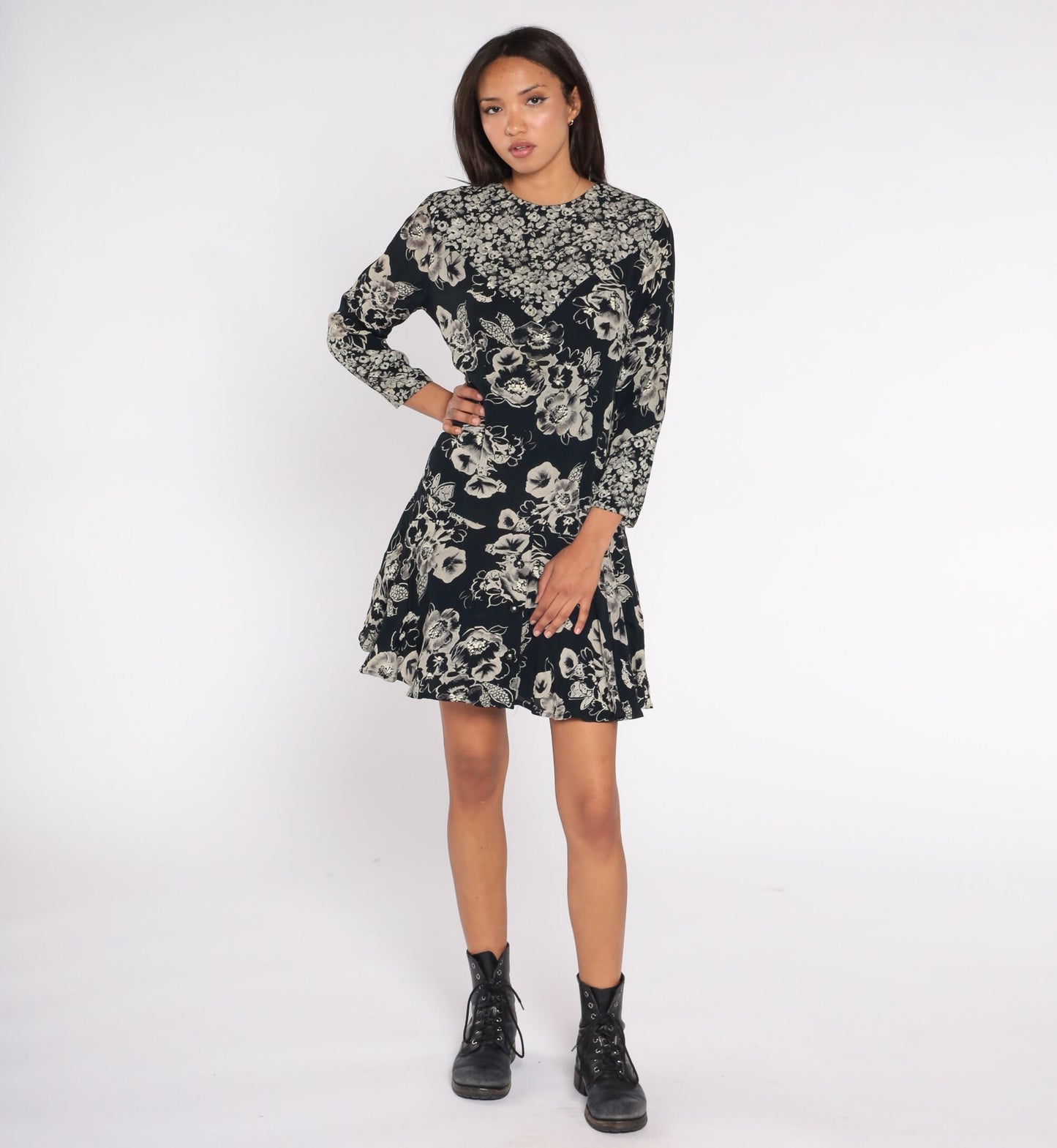 90s Black Floral Mini Dress Drop Waist Long Sleeve Ruffle Hem Small 6