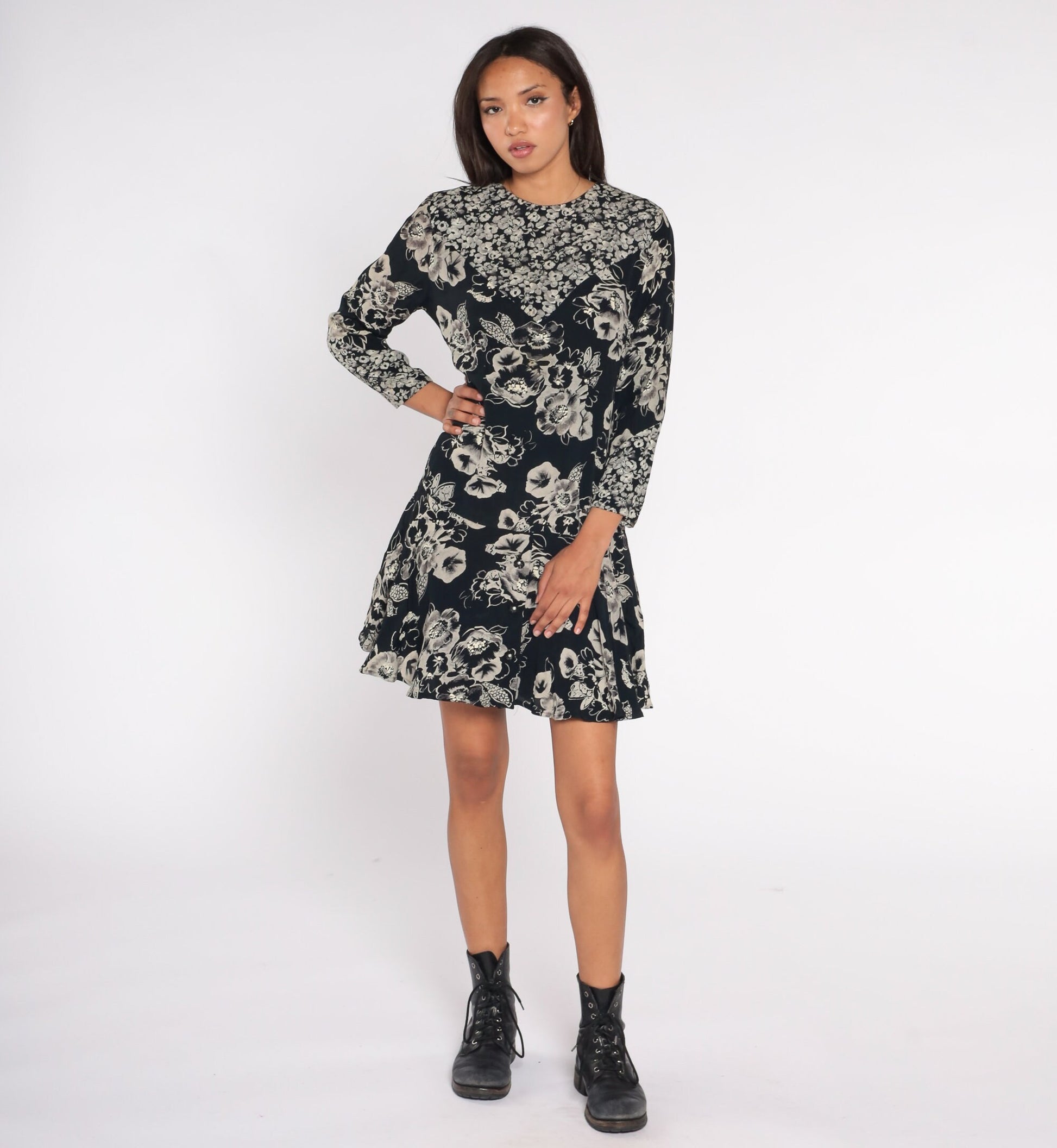 90s Black Floral Mini Dress Drop Waist Long Sleeve Ruffle Hem Small 6
