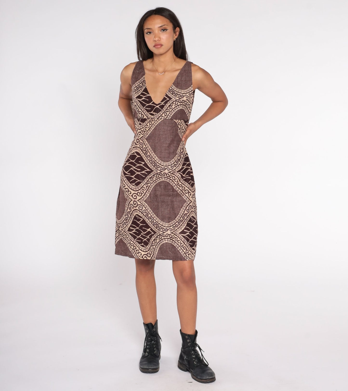 Y2K Brown Batik Sundress Empire Waist Sleeveless Mini Shift Dress Small S
