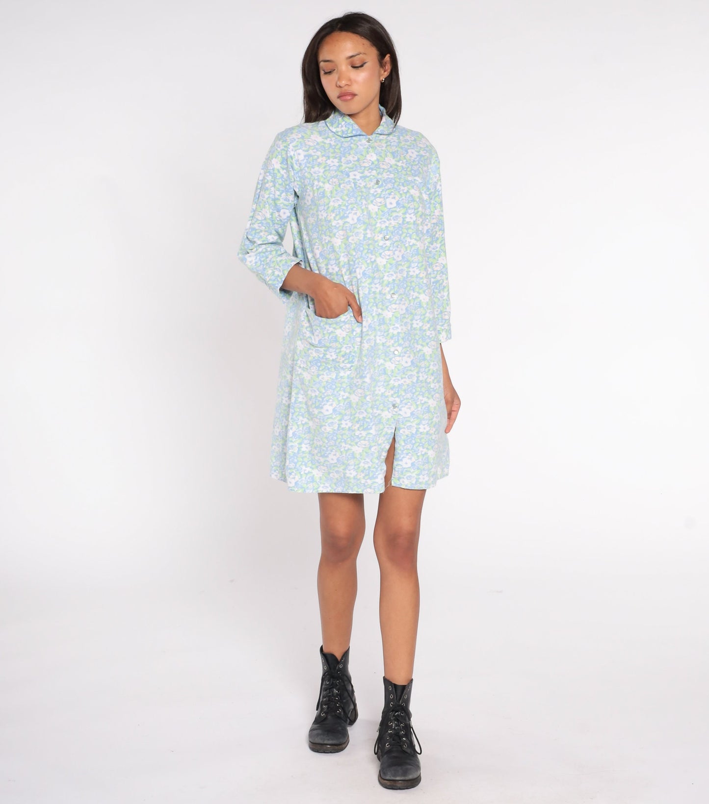 90s Blue Floral Mini Nightgown Peter Pan Collar Snap Front Medium