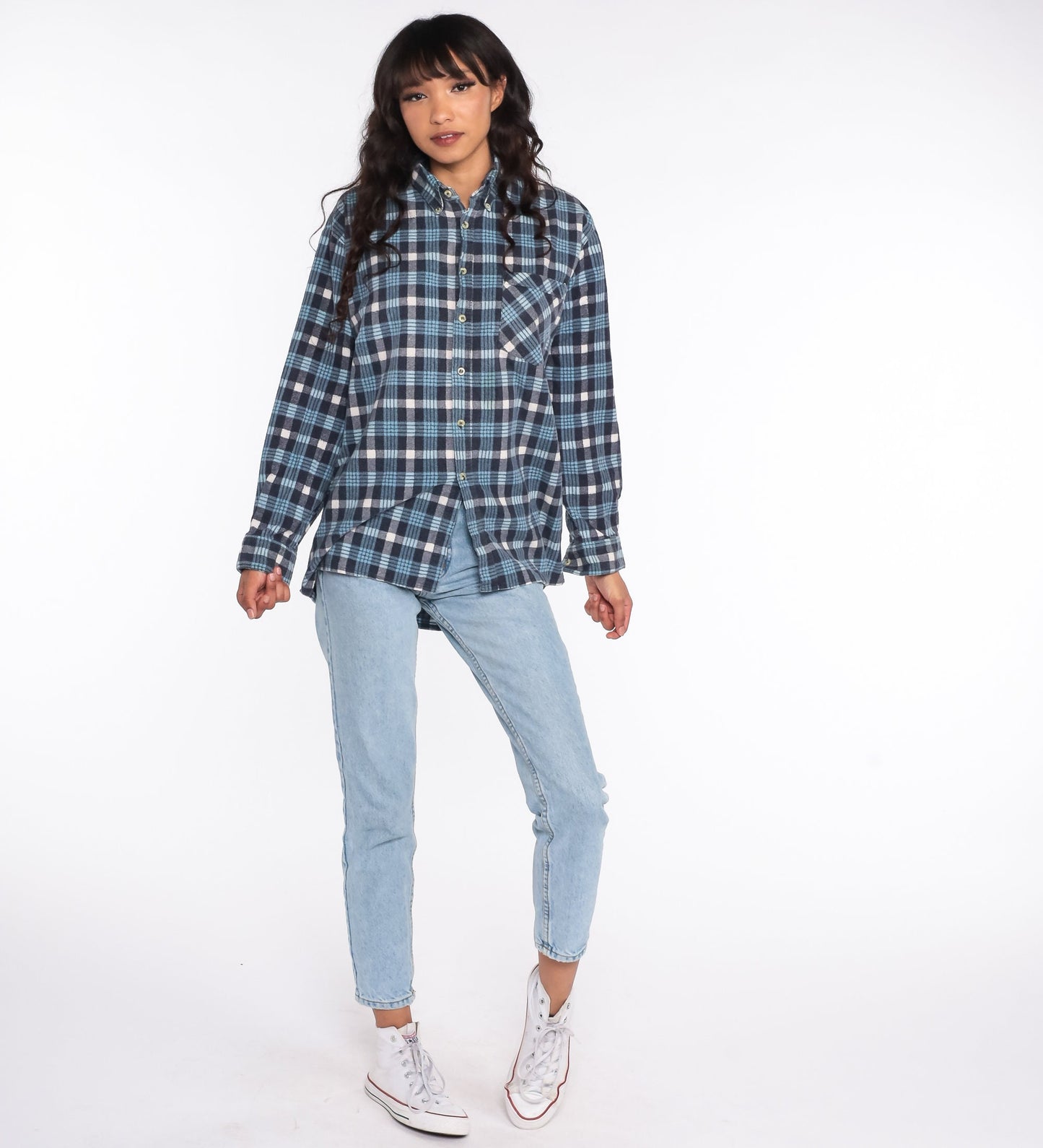 90s Blue Plaid Flannel Shirt Cotton Button-Up Long Sleeve Men's Medium