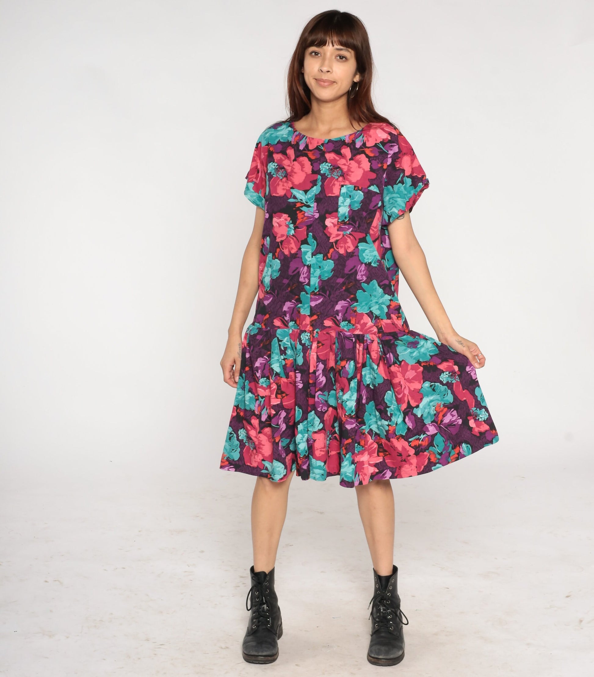 90s Floral Drop Waist Midi Dress Purple Multicolor Short Sleeve Medium