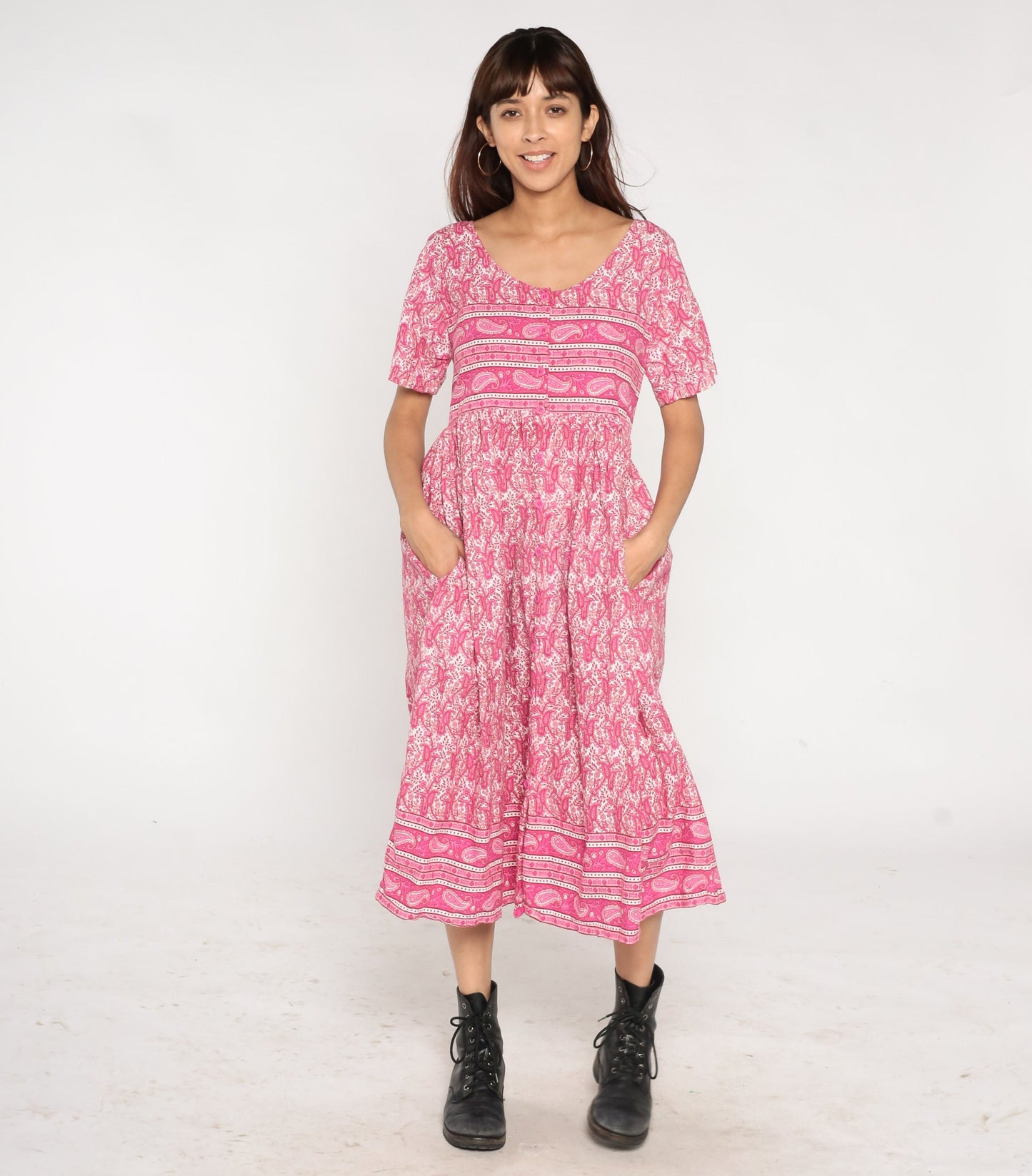 Y2K Pink Paisley Midi Shirtdress High Waist Button Front Cotton Small