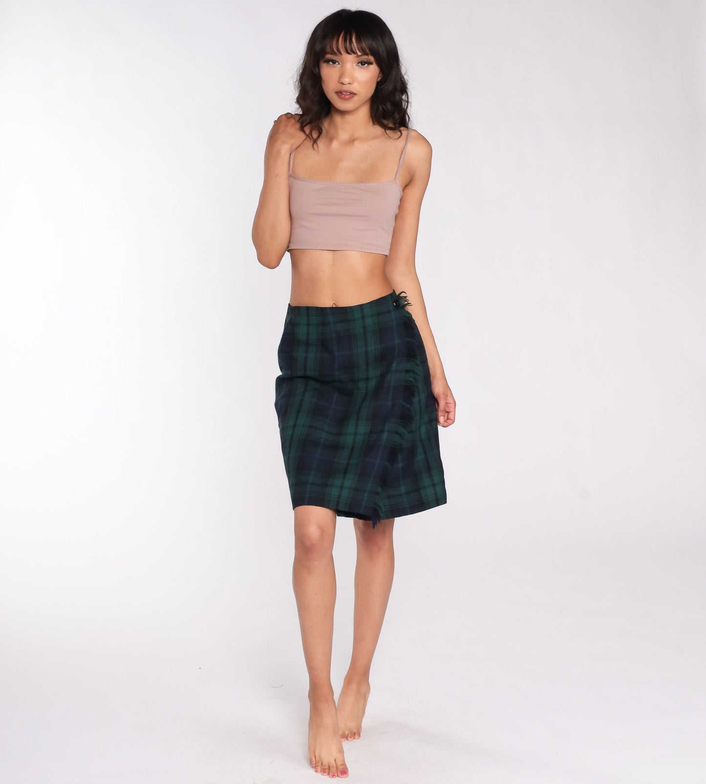 90s Wool Plaid Mini Pencil Skirt Navy Green High Waist Small 6