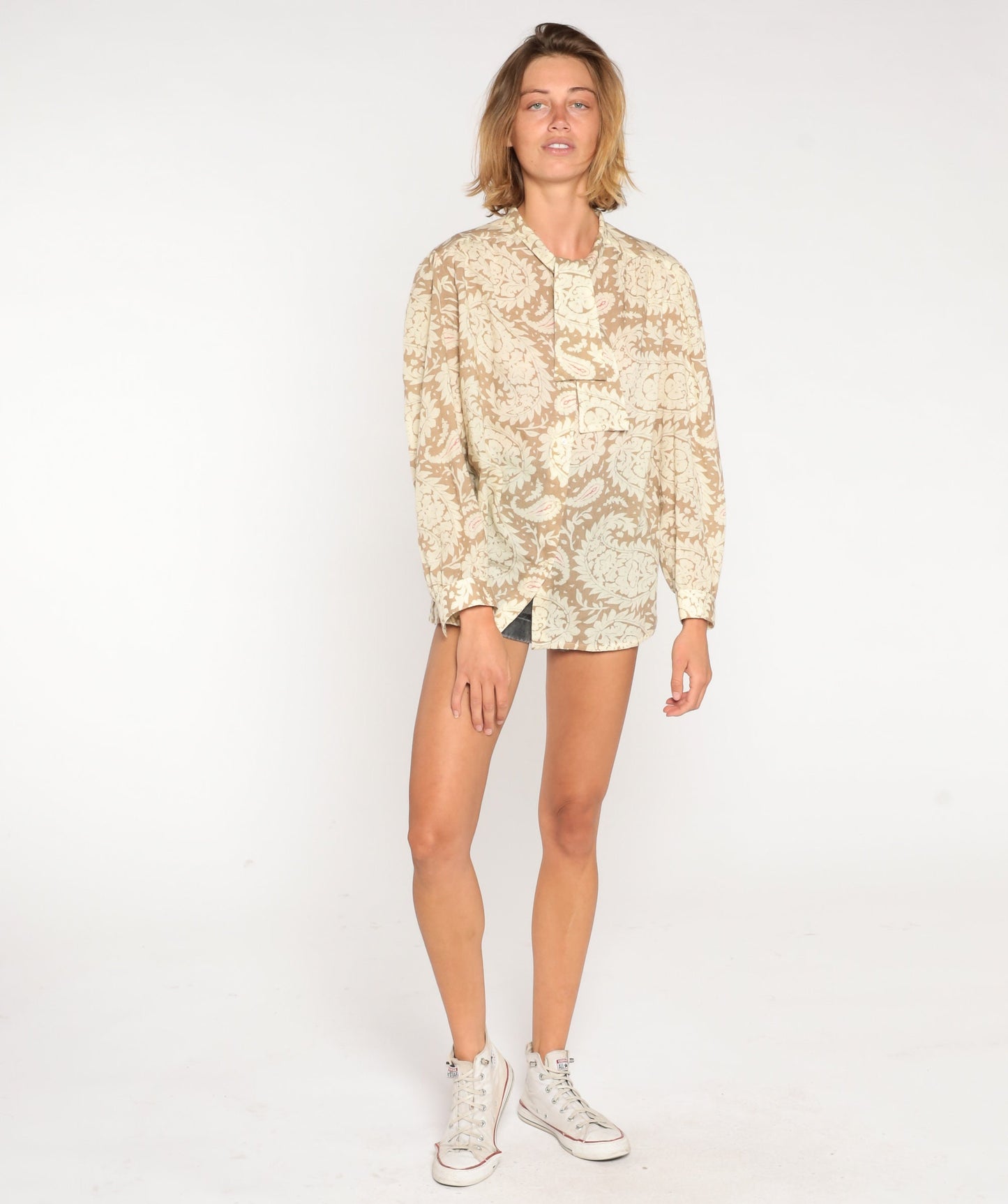 80s Paisley Necktie Blouse Tan Semi-Sheer Button-Up Long Sleeve Large L