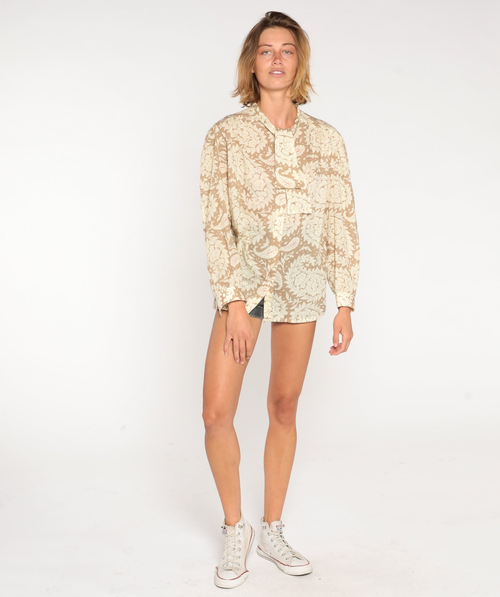 80s Paisley Necktie Blouse Tan Semi-Sheer Button-Up Long Sleeve Large L