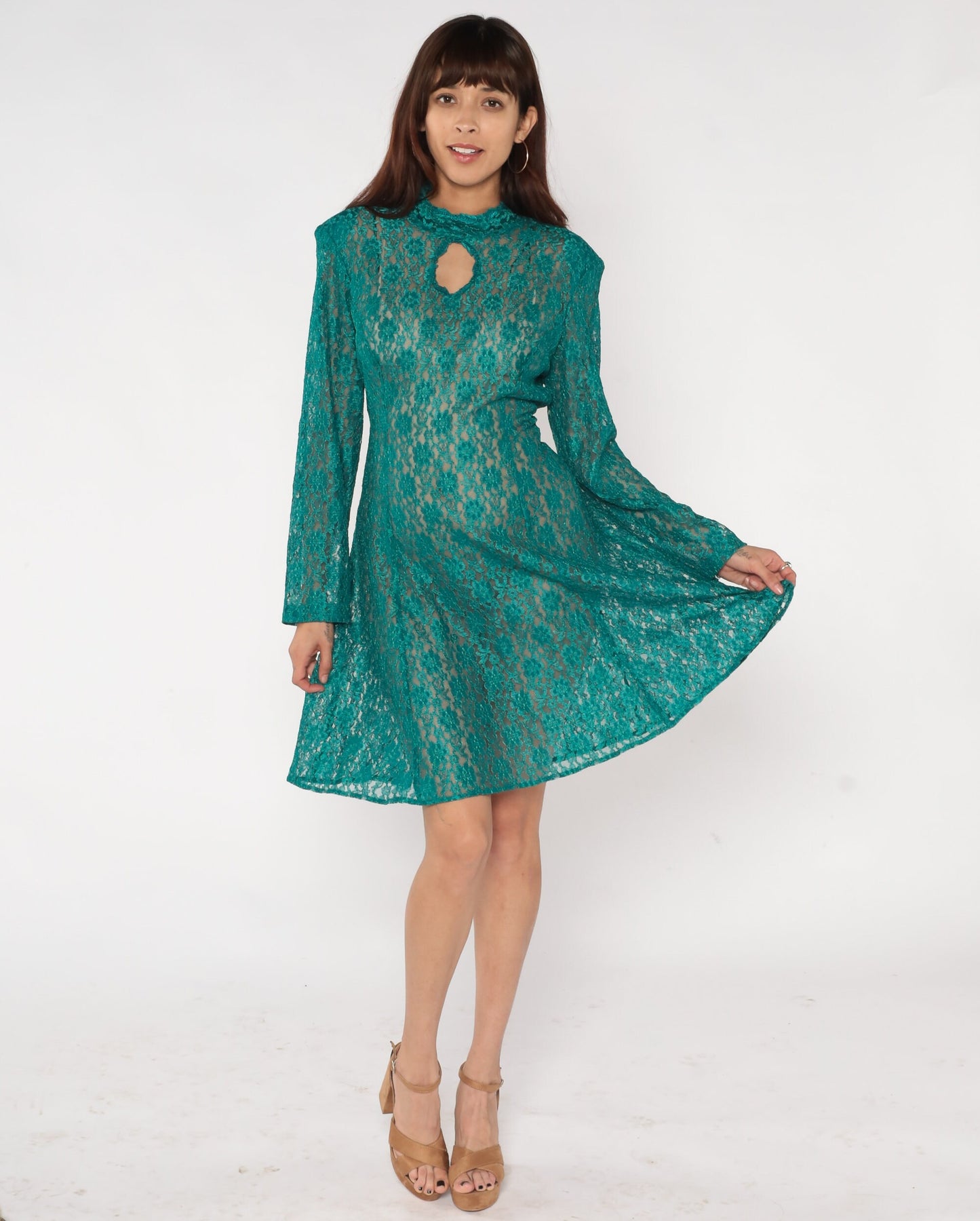 90s Green Lace Mini Dress Keyhole Neckline Long Sleeve Medium