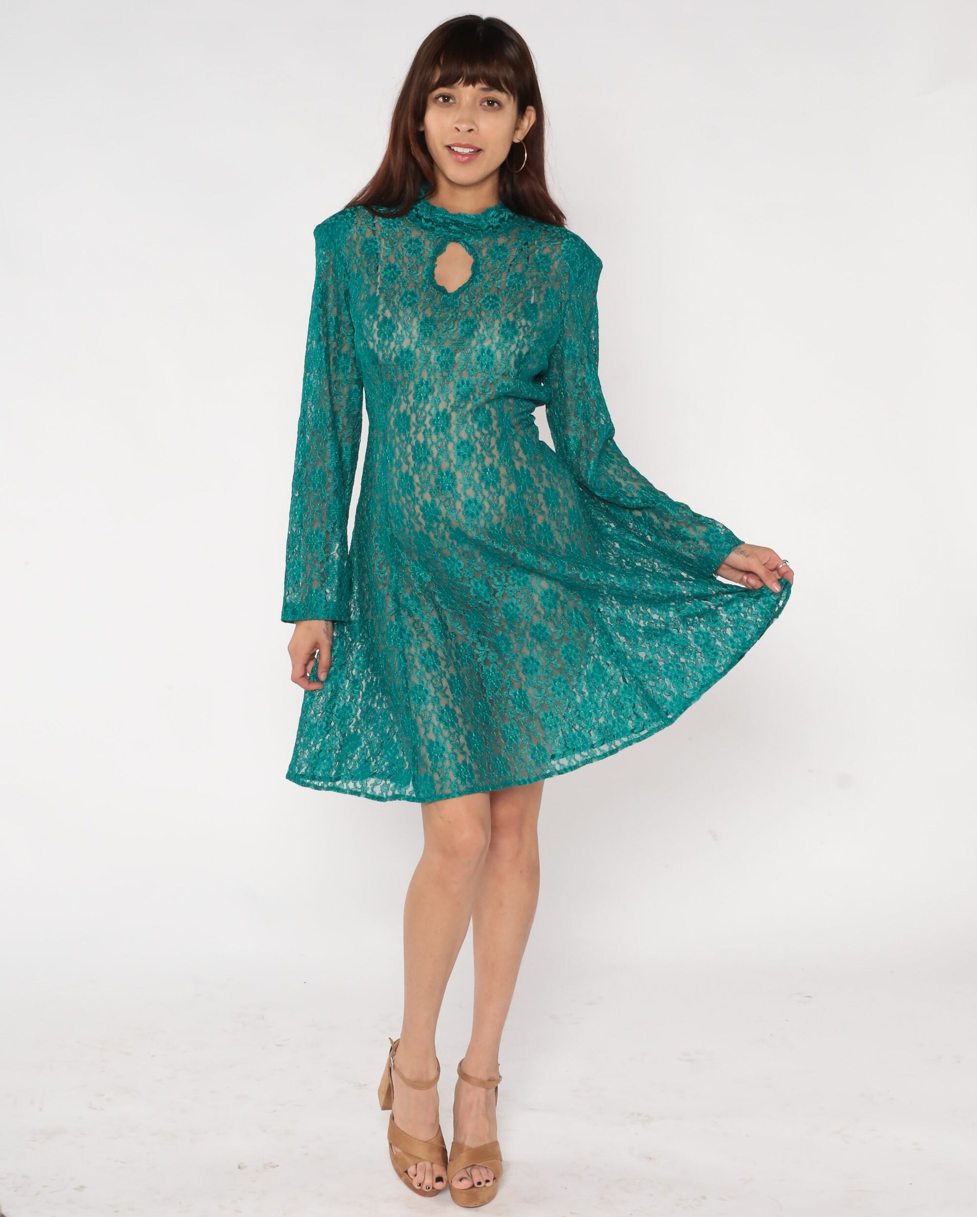 90s Green Lace Mini Dress Keyhole Neckline Long Sleeve Medium