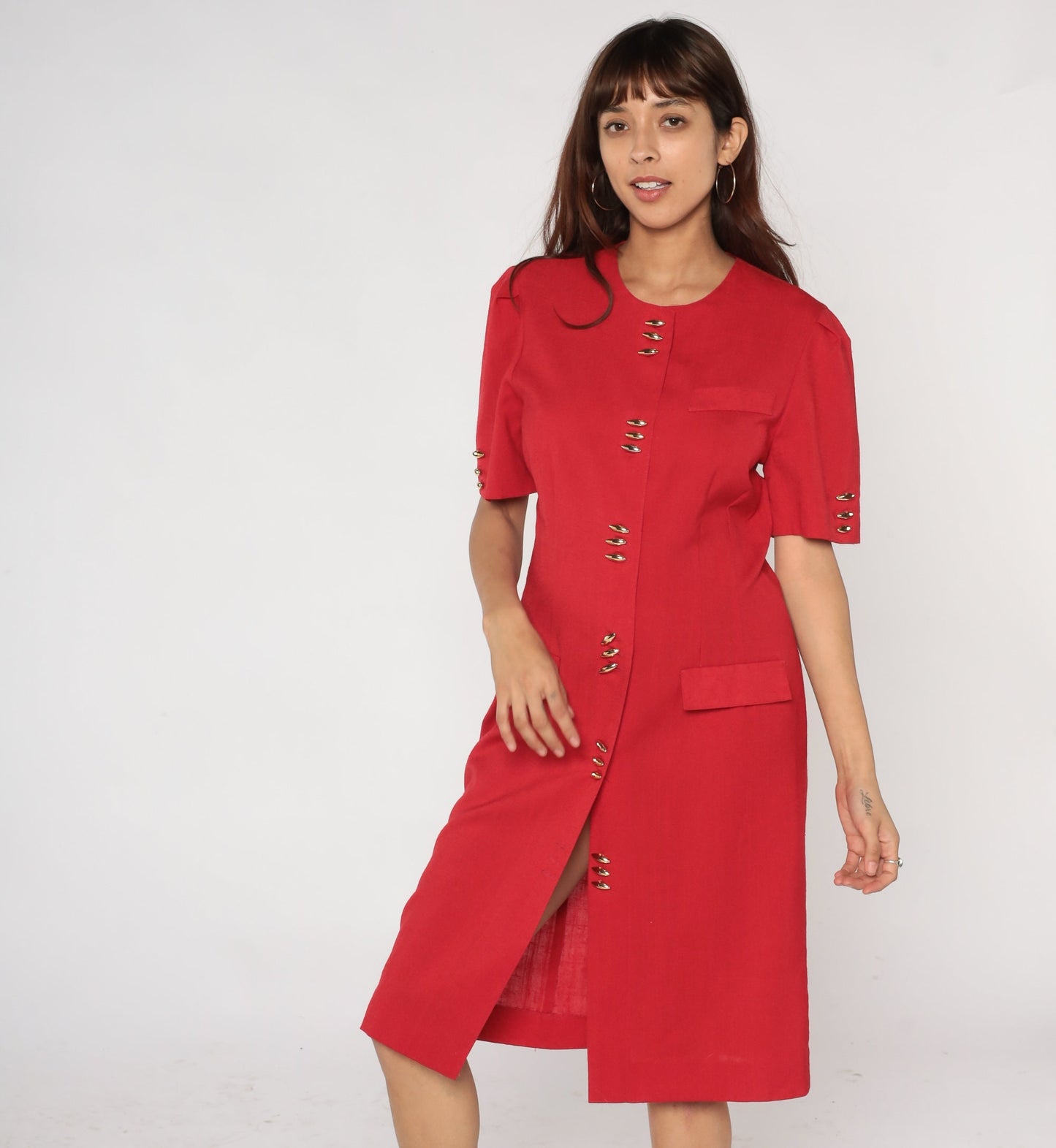 80s Leslie Fay Red Midi Sheath Dress Gold Buttons Puff Sleeve Medium