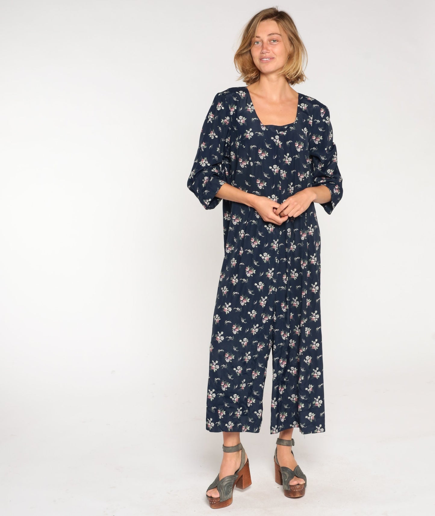 90s Navy Floral Wide Leg Jumpsuit Long Sleeve Rear Zipper Plus Size XXL