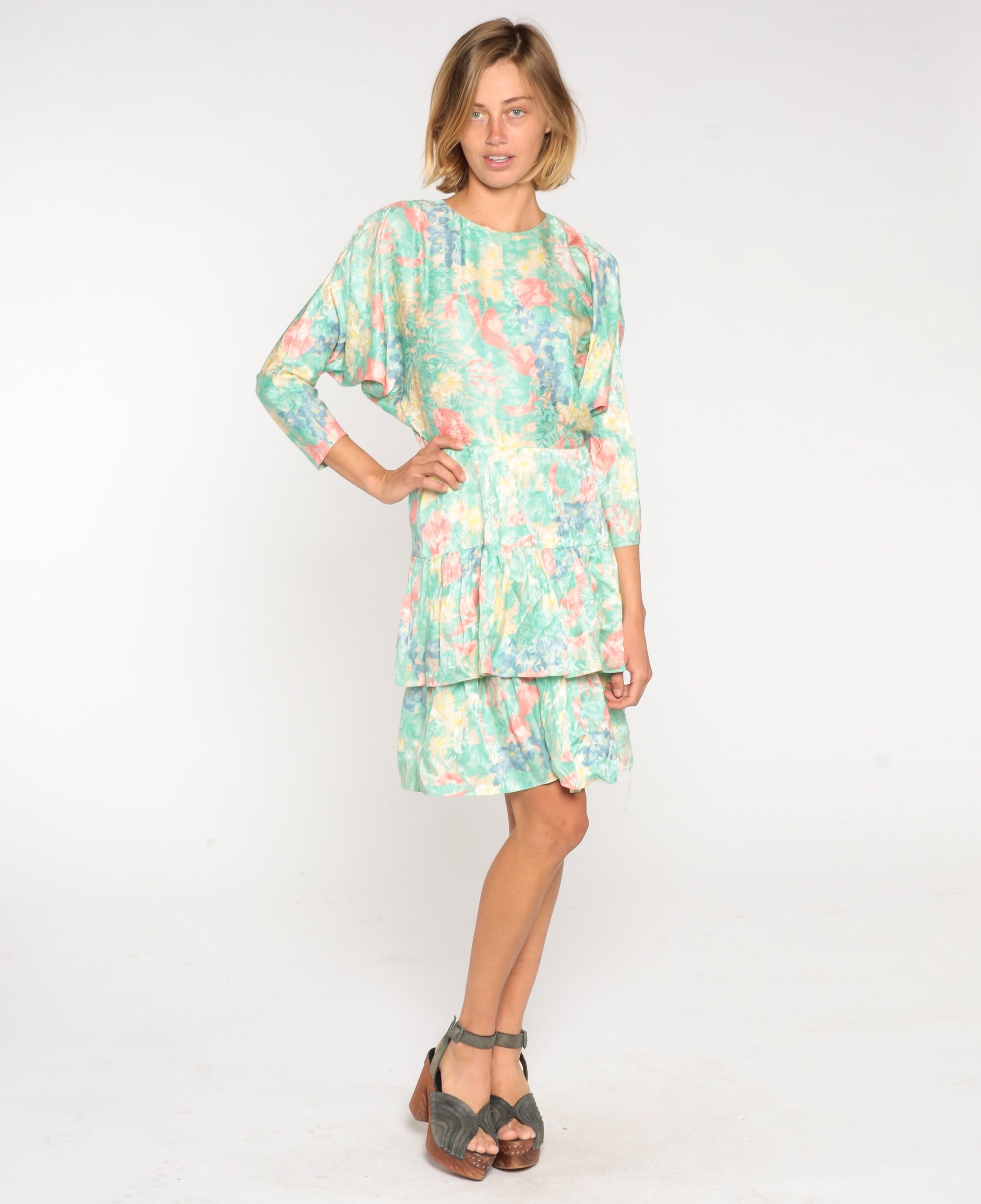 80s Silk Floral Mini Dress Green Print High Waist Tiered Long Sleeve Small 6