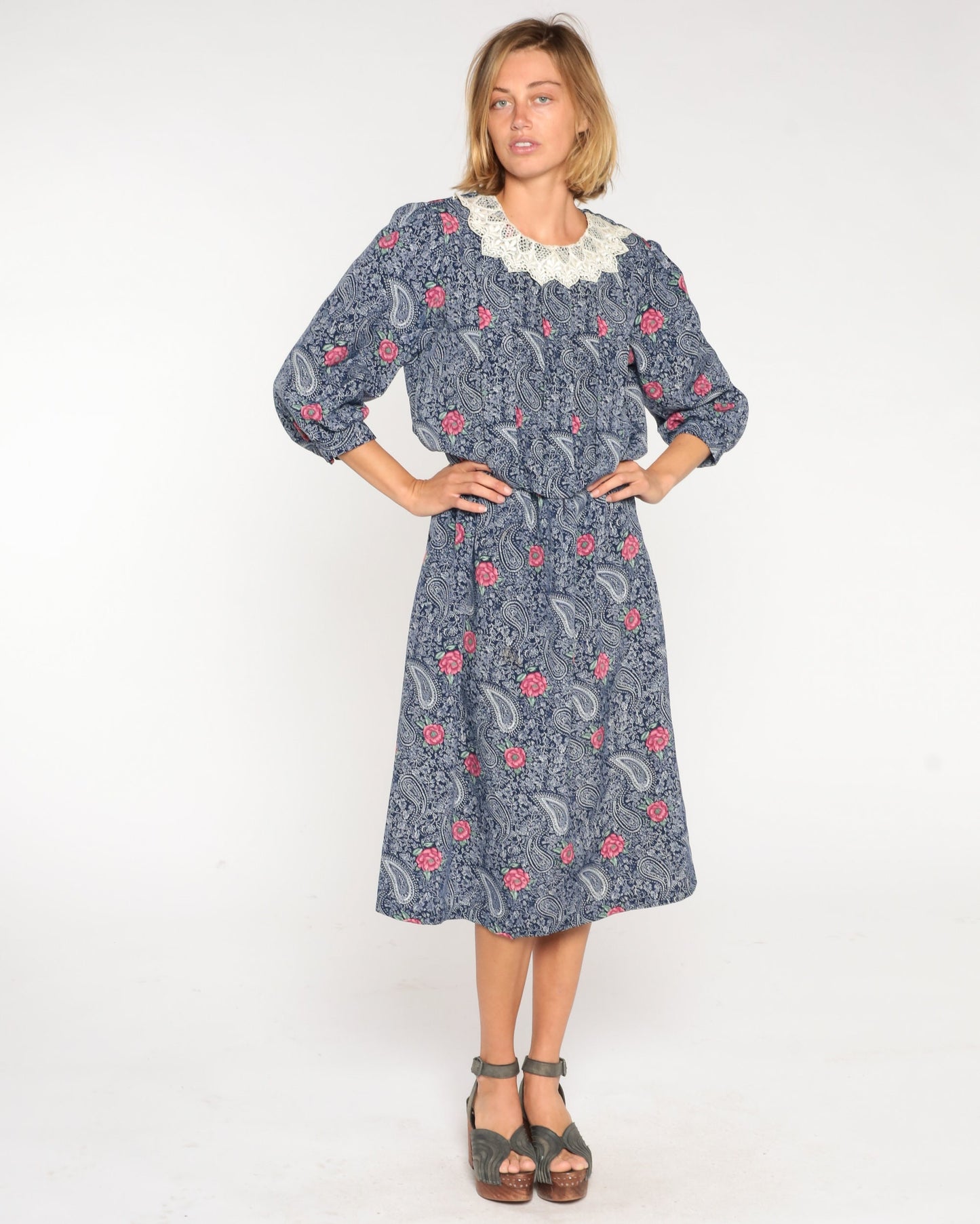 80s Navy Floral Paisley Midi Dress Lace Collar Puff Sleeve High Waist Medium