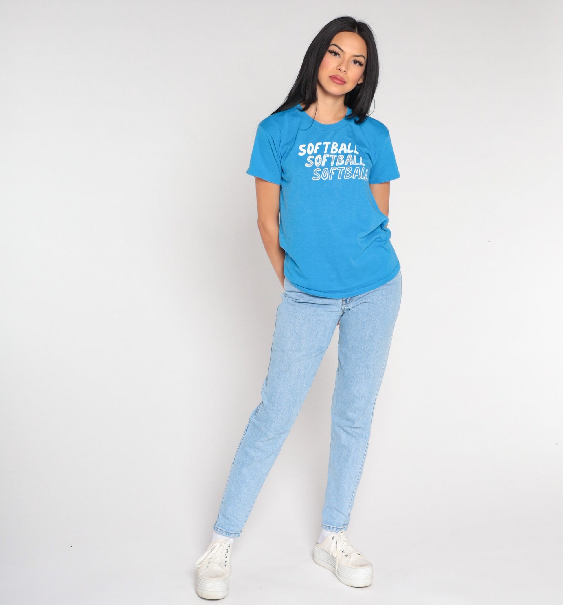 80s Softball Graphic T-Shirt Blue Single Stitch Crewneck Medium