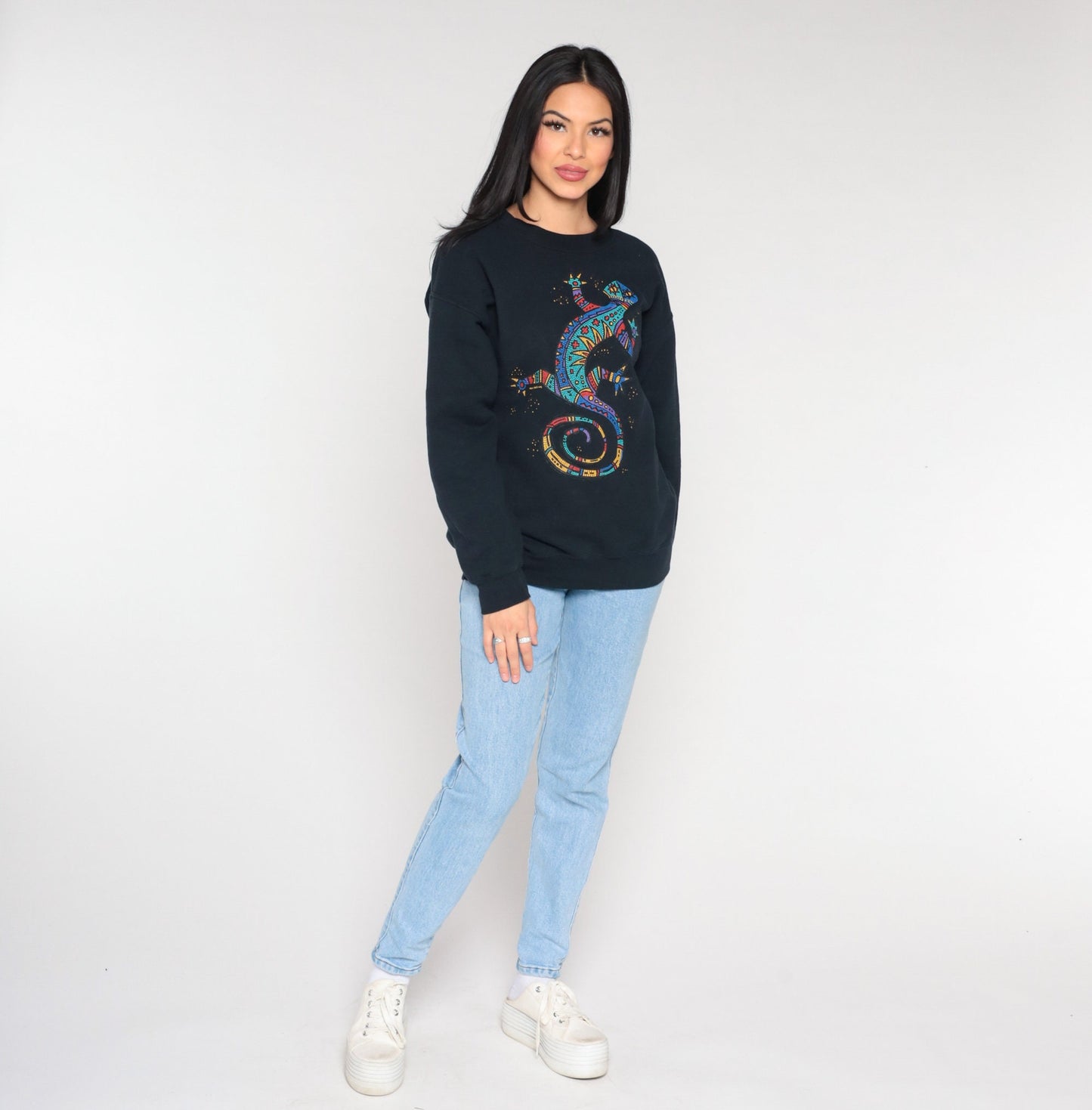 Y2K Tewa Tees Gecko Sweatshirt Black Graphic Crewneck Medium