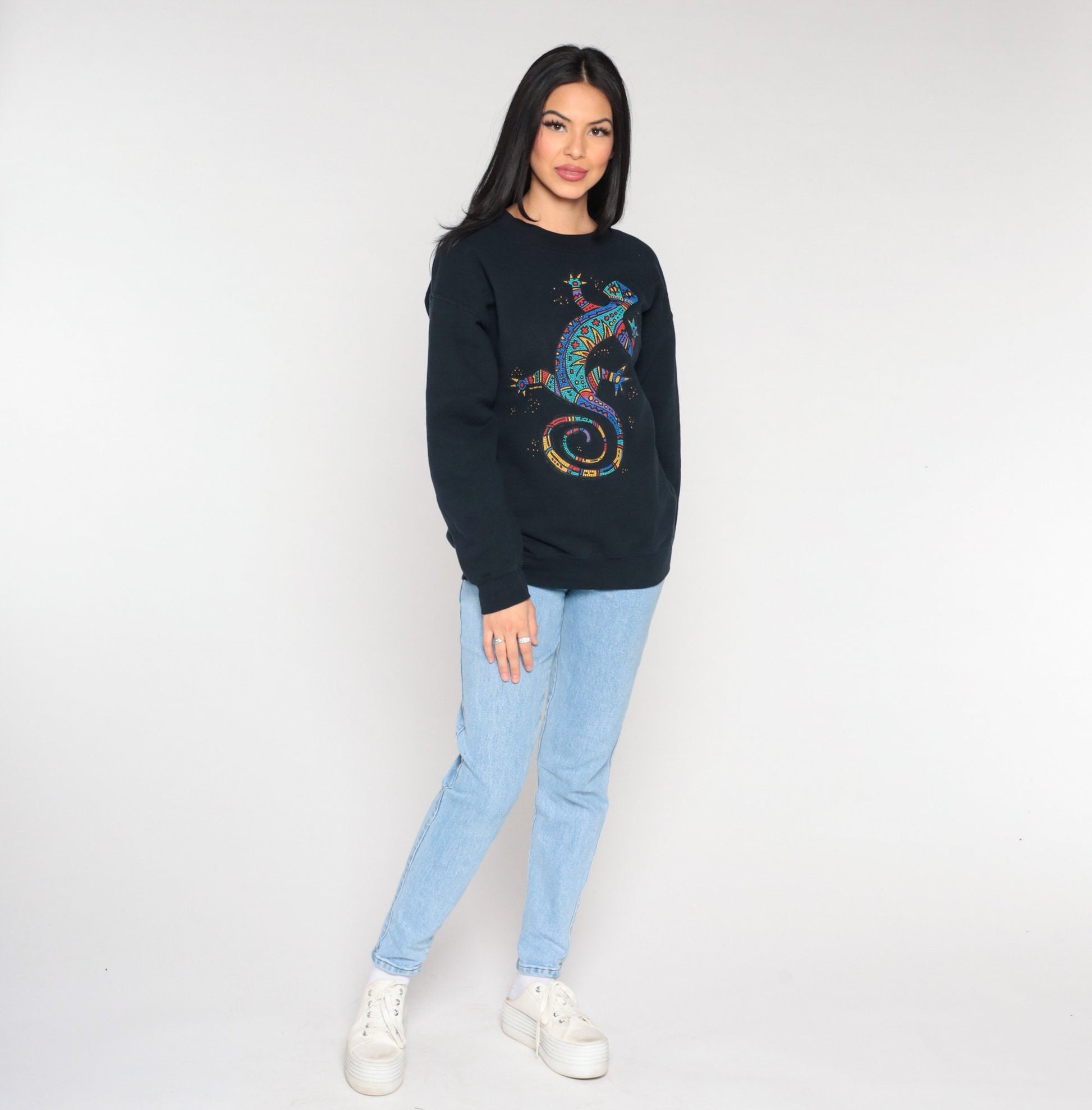 Y2K Tewa Tees Gecko Sweatshirt Black Graphic Crewneck Medium