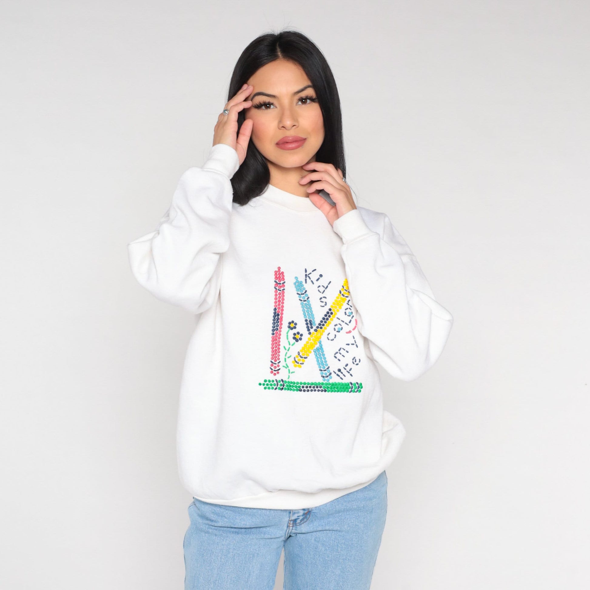 00s Kids Color My Life Teacher Sweatshirt Crayon Graphic White Crewneck Large