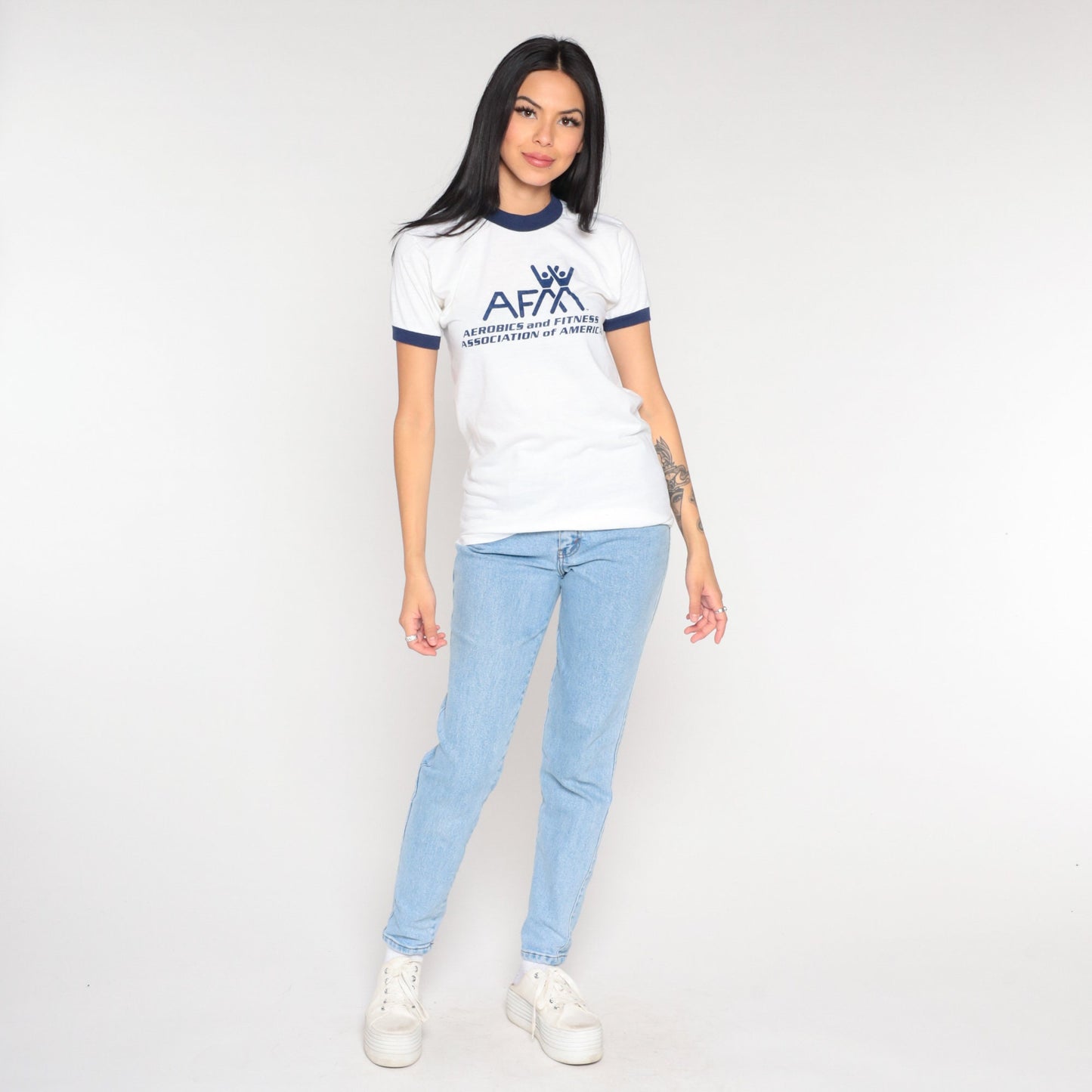 80s AFAA Athletics Fitness Association Ringer Tee White Graphic Small