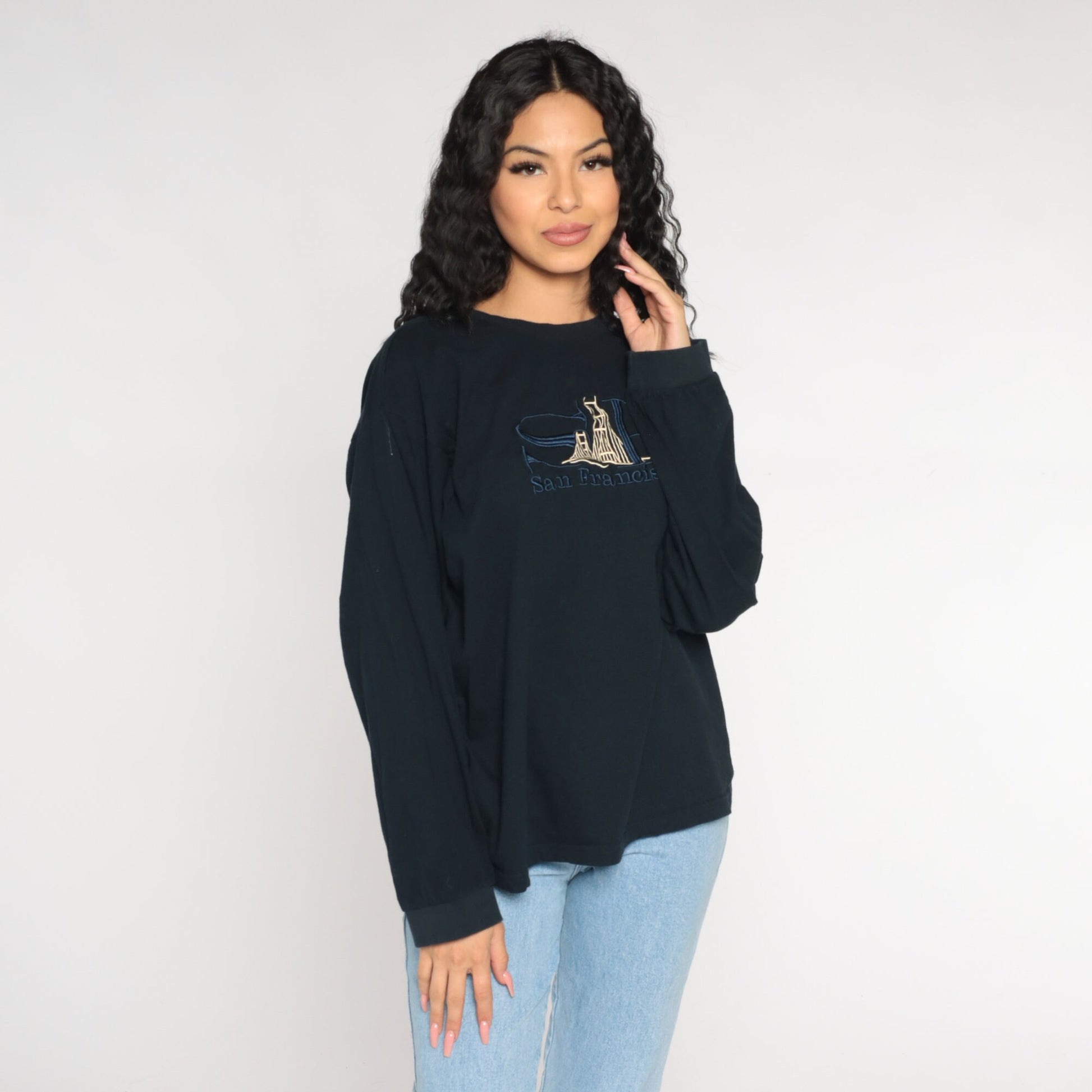 Y2K San Francisco Golden Gate Bridge Embroidered Long Sleeve Tee Navy Extra Large XXL