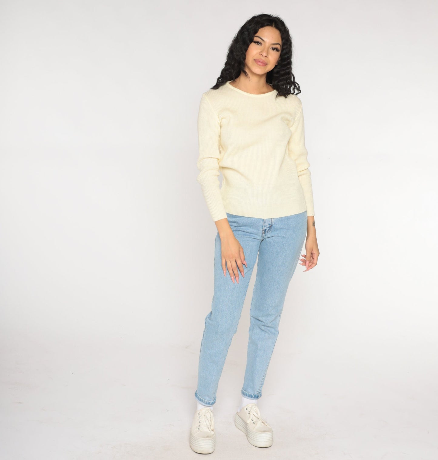 70s Cream Ribbed Knit Crewneck Pullover Sweater Small Medium