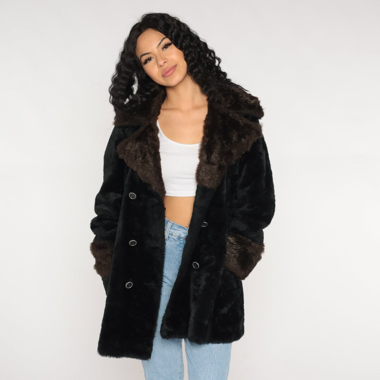 70s Black Faux Fur Coat Double Breasted Collar Brown Trim Small
