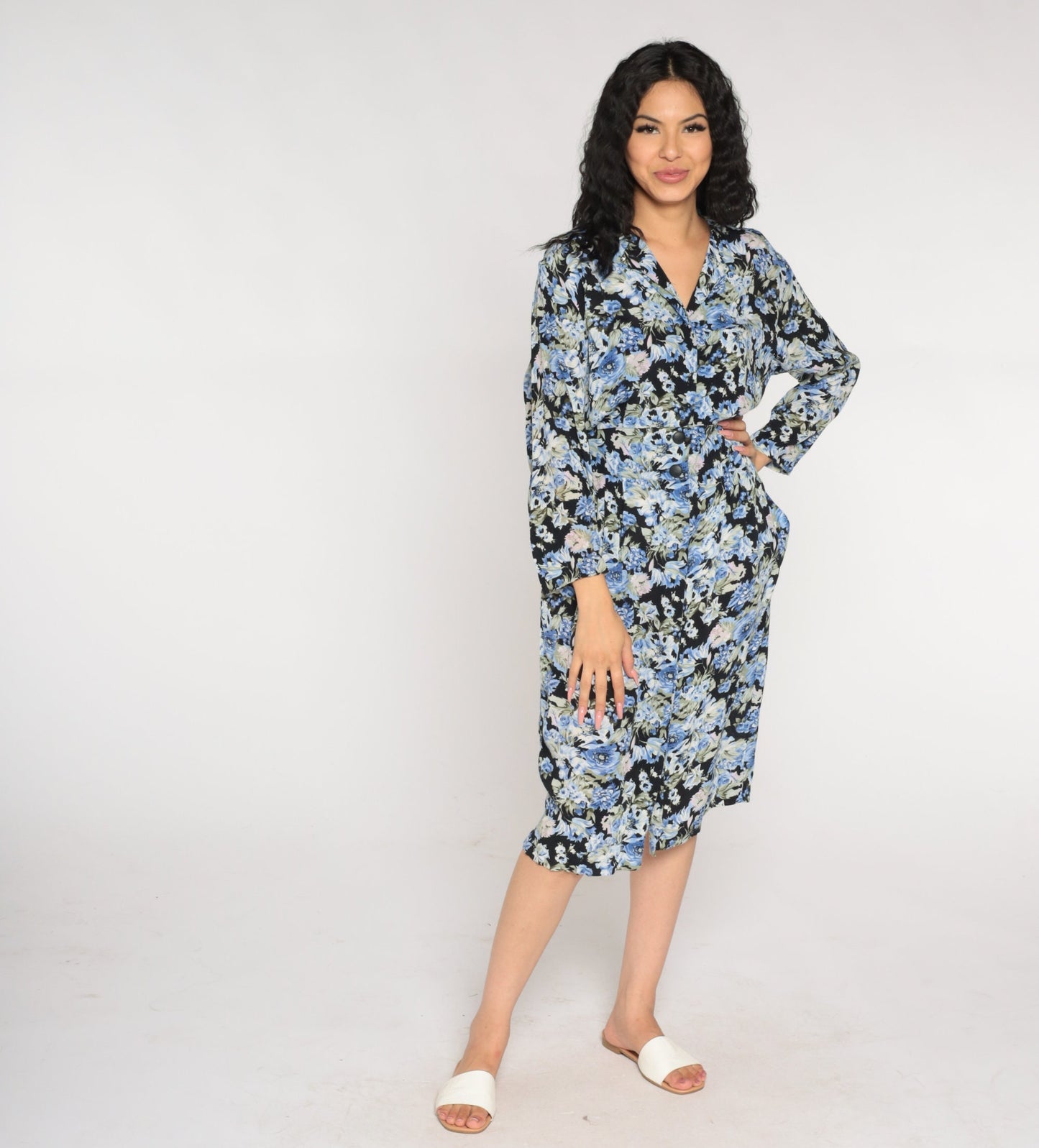 90s Black Floral Midi Dress Button-Up Long Sleeve High Waist Pencil Cut Pockets Small