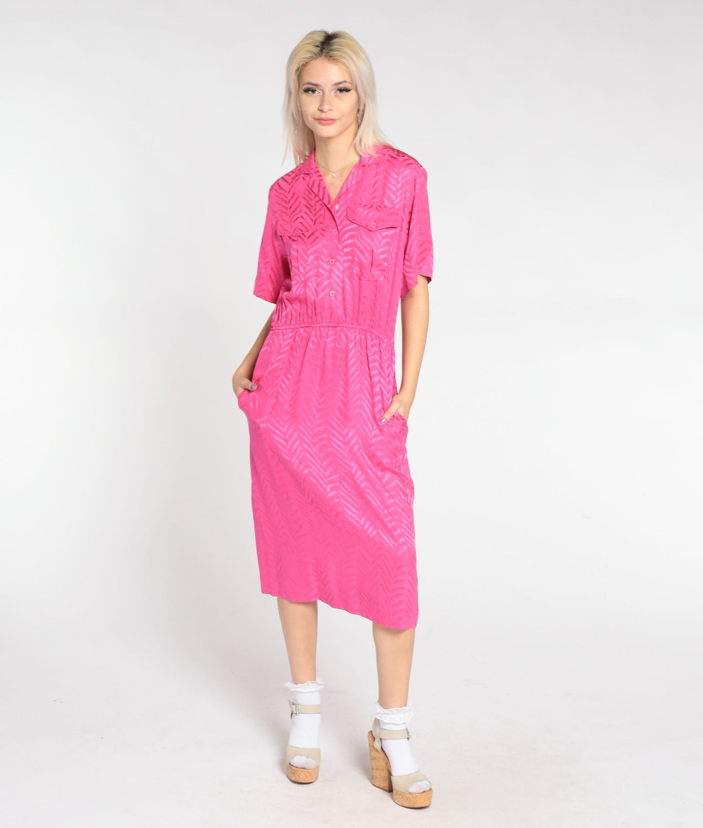 90s Liz Claiborne Hot Pink Silk Midi Dress Embossed Chevron Shirtwaist Small
