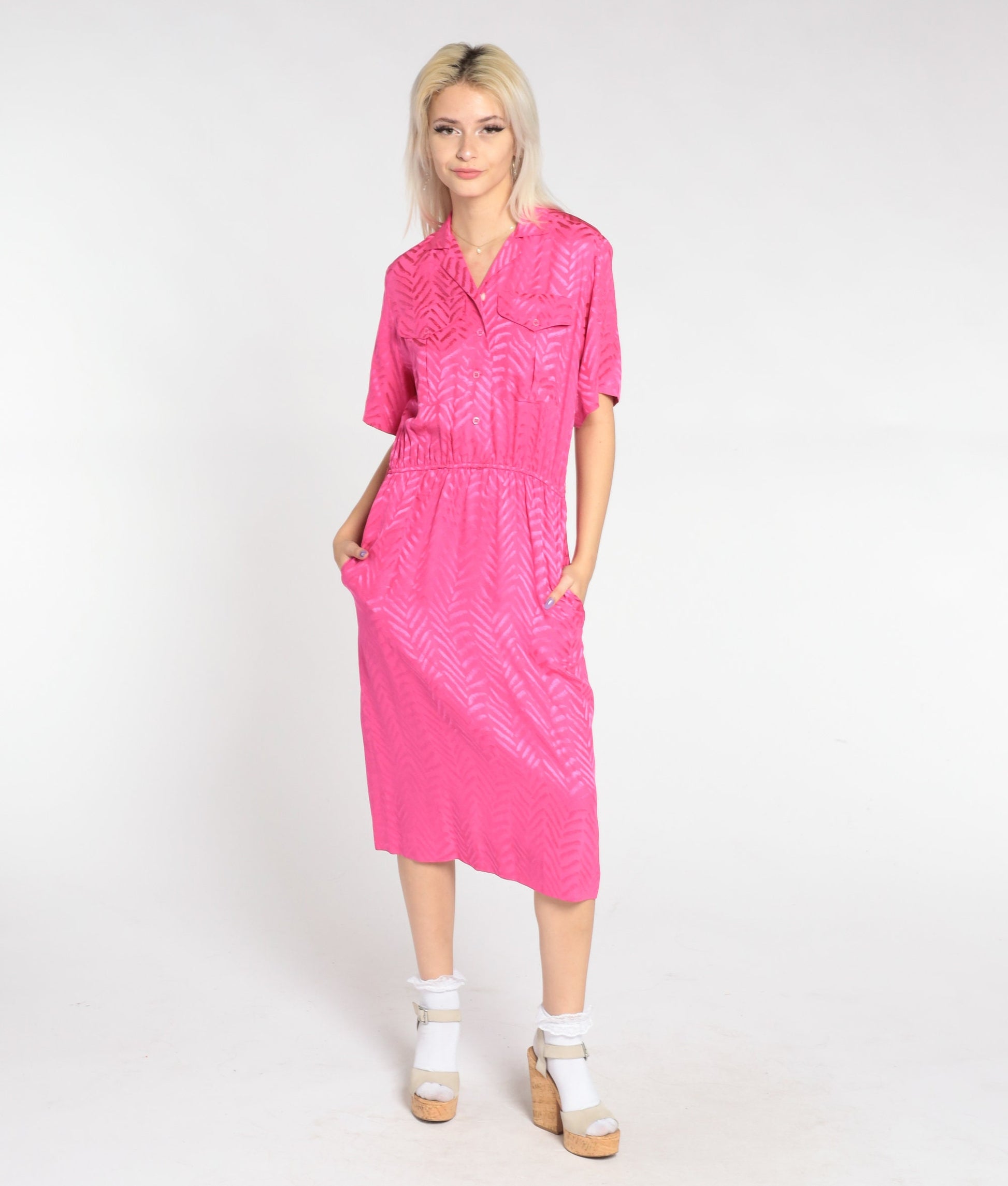 90s Liz Claiborne Hot Pink Silk Midi Dress Embossed Chevron Shirtwaist Small