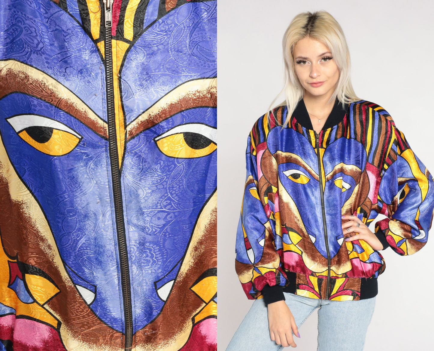 90s Psychedelic Face Print Zip Bomber Jacket Medium Large