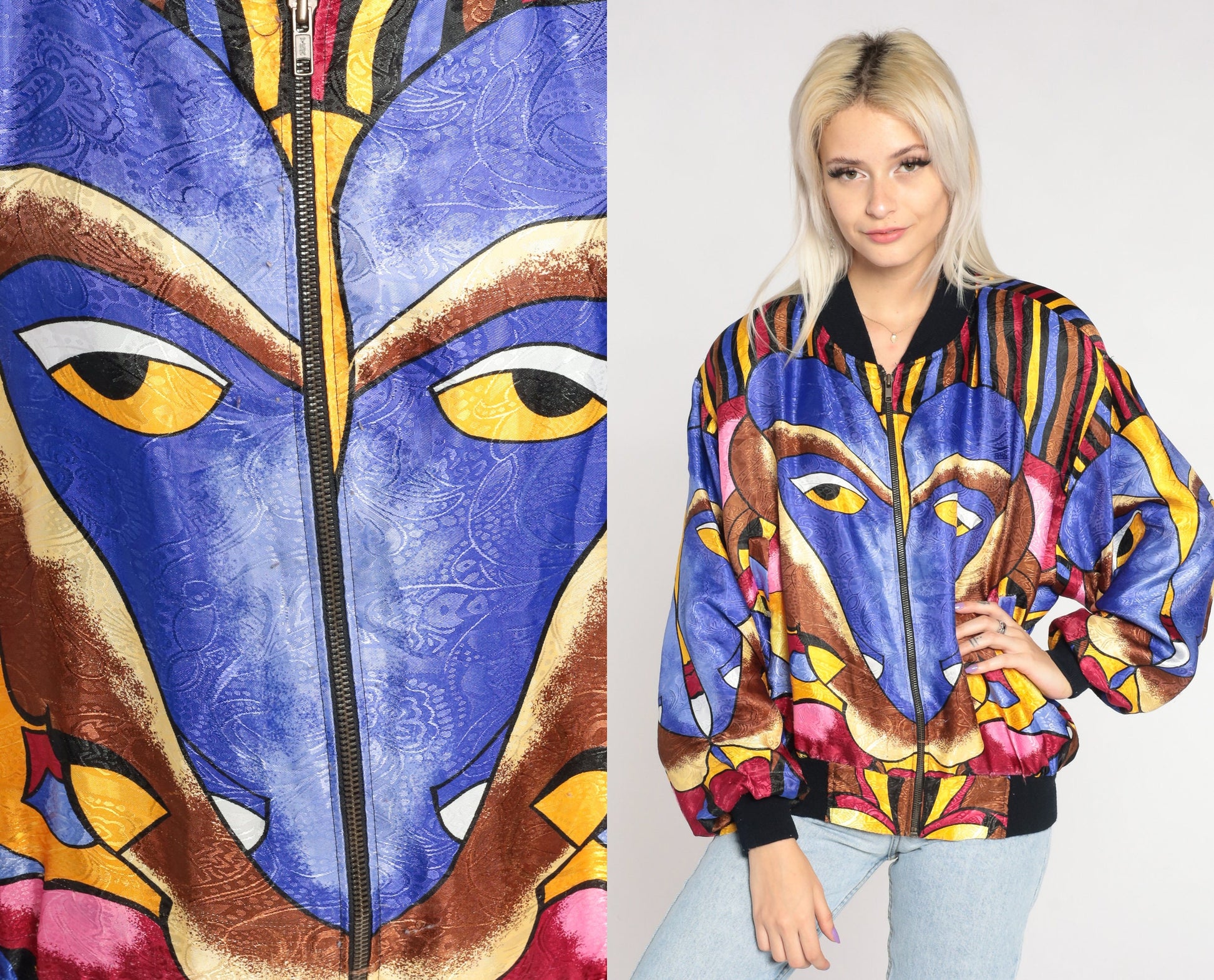 90s Psychedelic Face Print Zip Bomber Jacket Medium Large