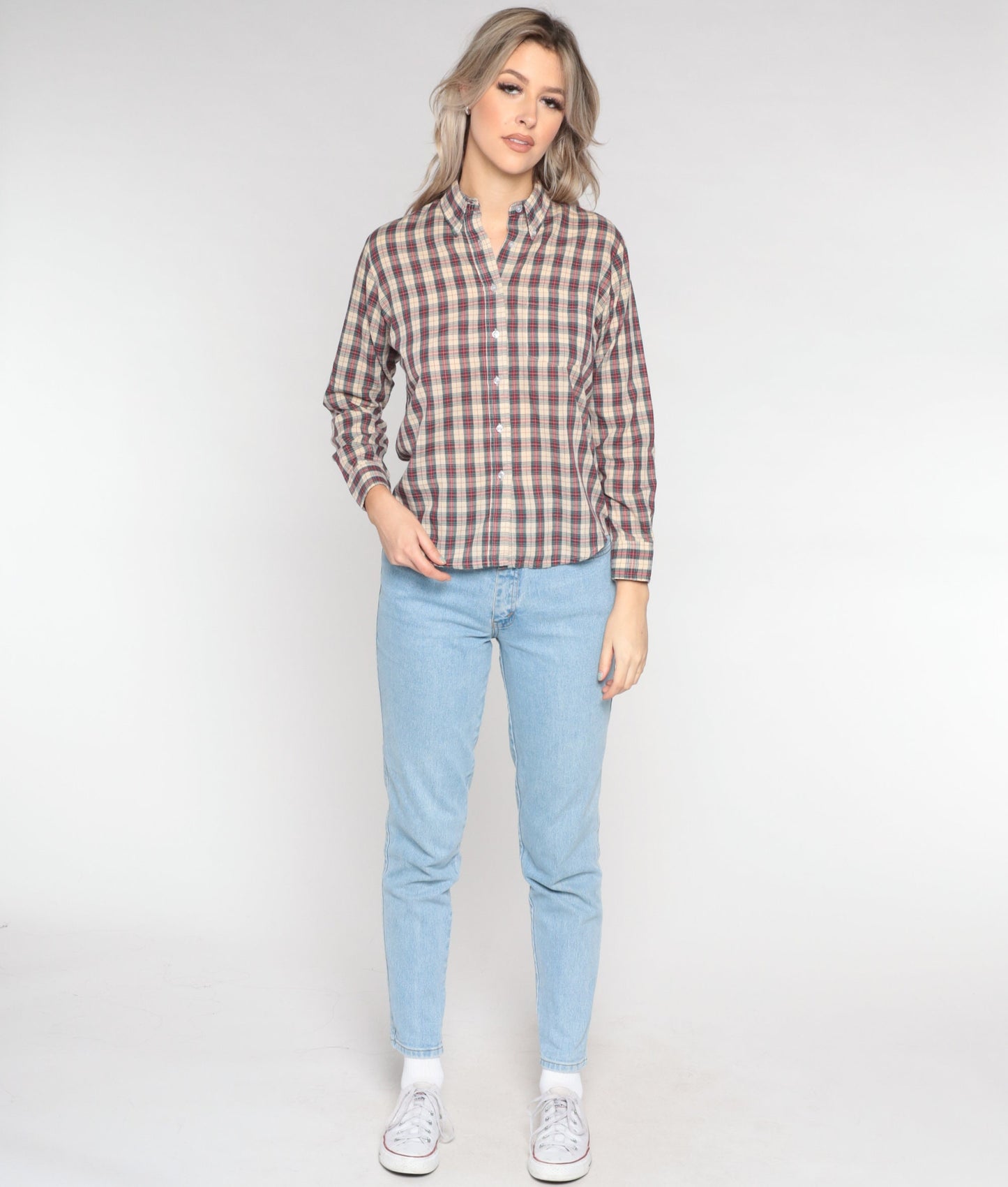 80s Plaid Button-Up Blouse Tan Red Green Checkered Long Sleeve Large