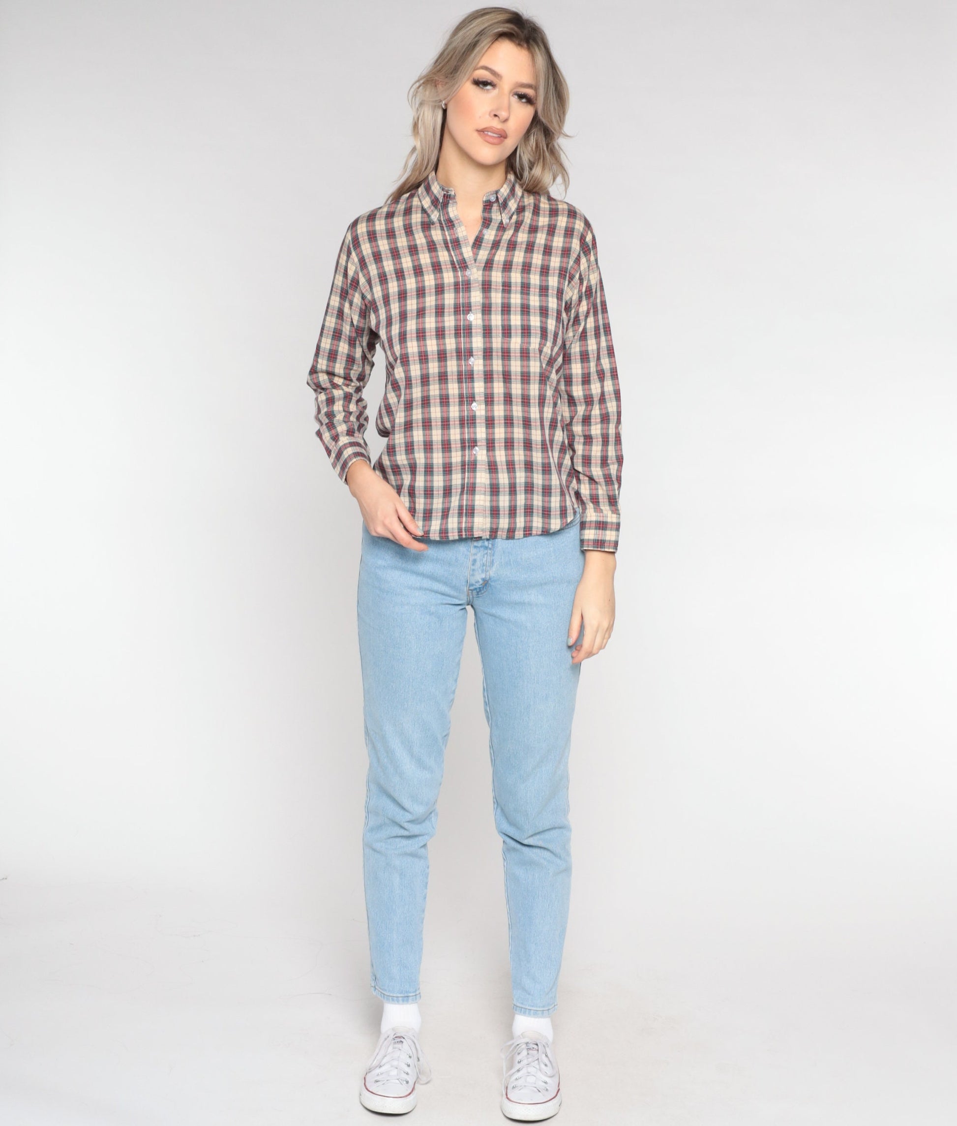 80s Plaid Button-Up Blouse Tan Red Green Checkered Long Sleeve Large