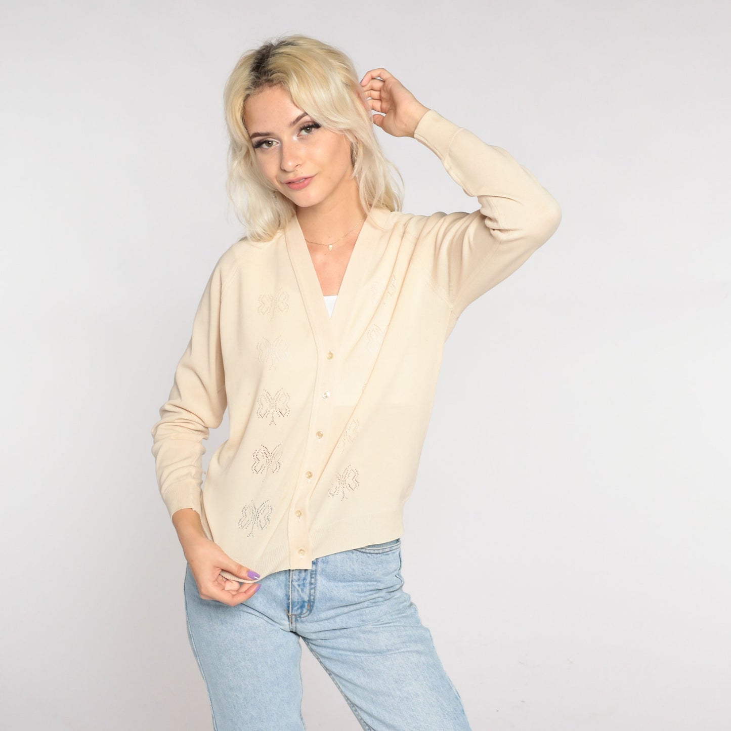 70s Beige Cutout Butterfly Cardigan Button-Up V-Neck Sweater Small