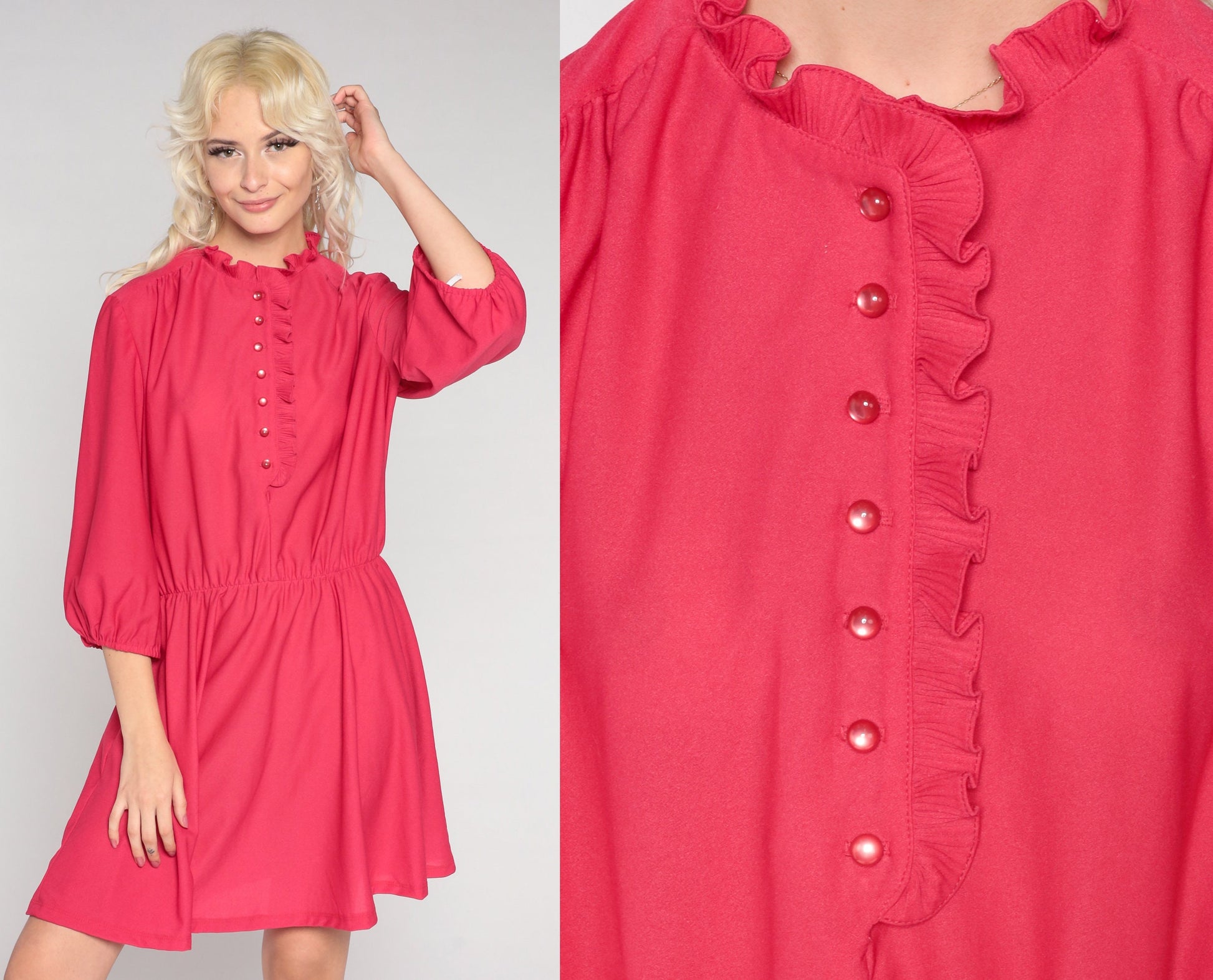 80s Bright Pink Shirtwaist Mini Dress Ruffle Collar Button-Up 3/4 Sleeve Large