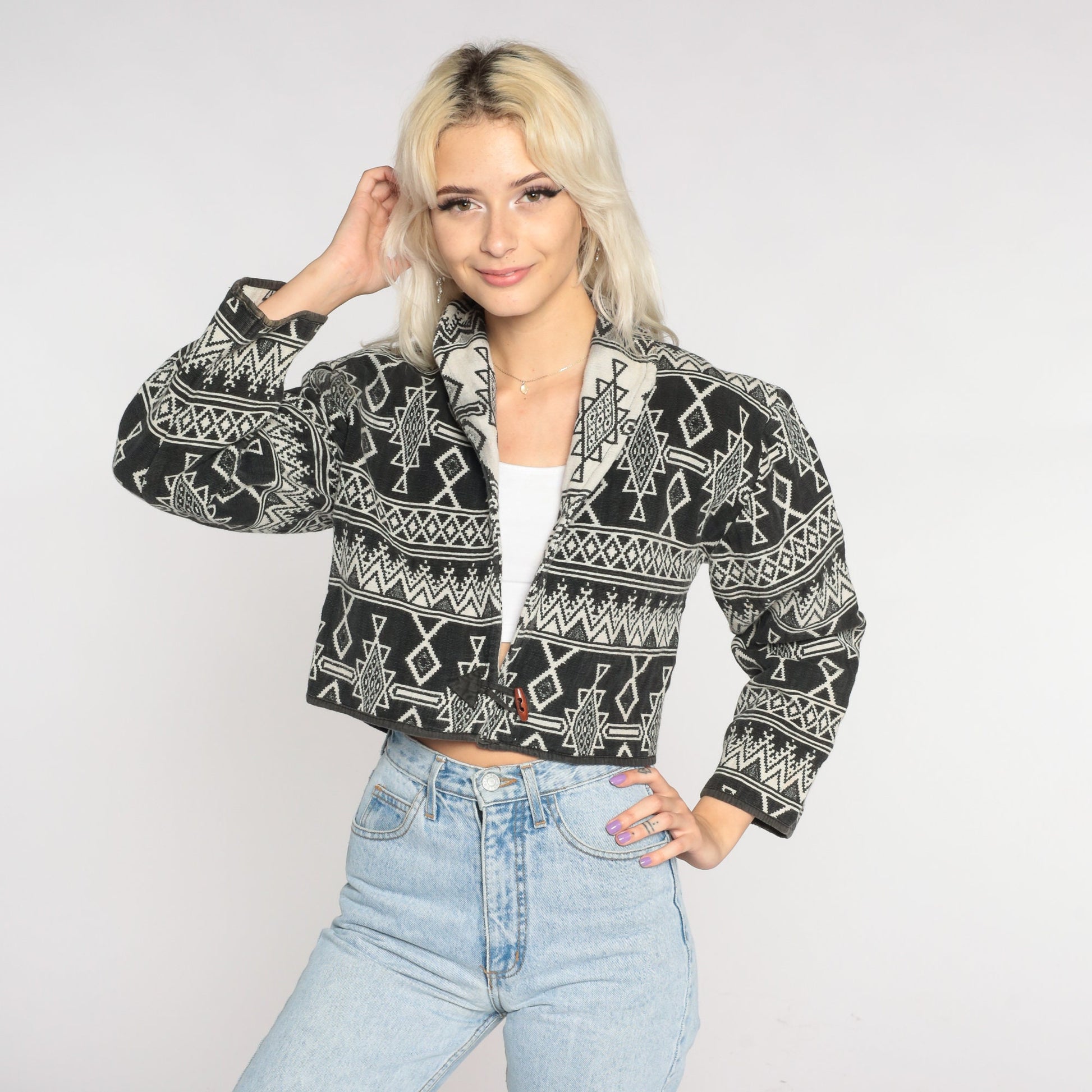 90s Southwest Tapestry Blazer Black Off-White Cropped Button Jacket Medium