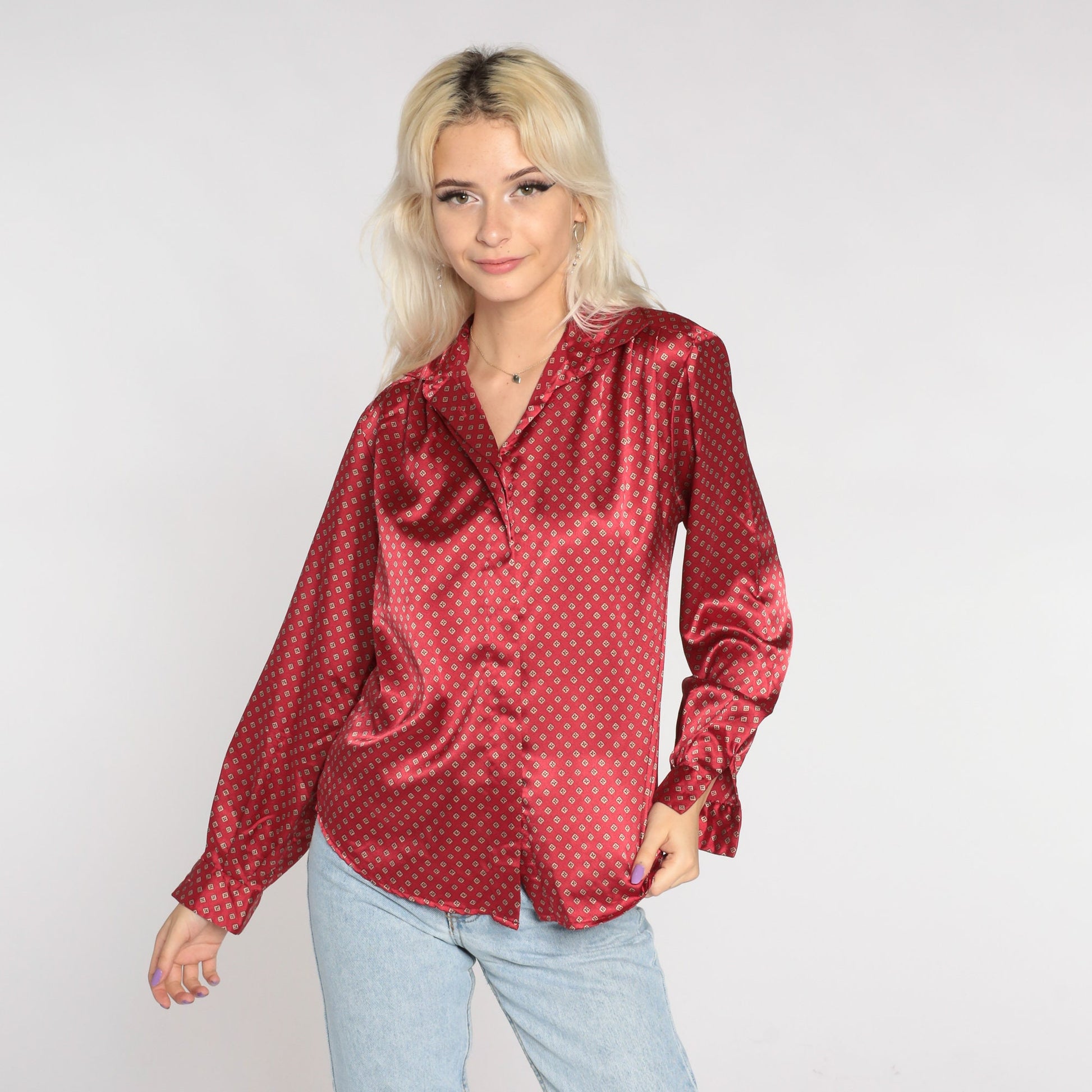 90s Red Satin Geometric Button-Up Blouse Long Sleeve Small