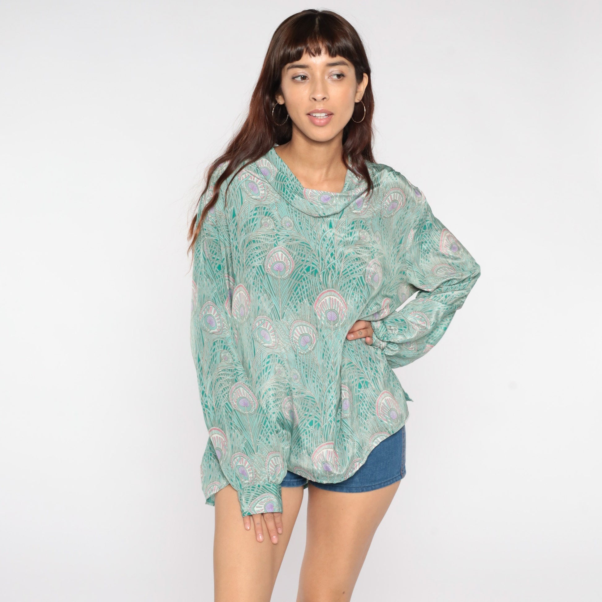 70s Peacock Feather Blouse Green Cowl Neck Disco Shirt Campus Casuals