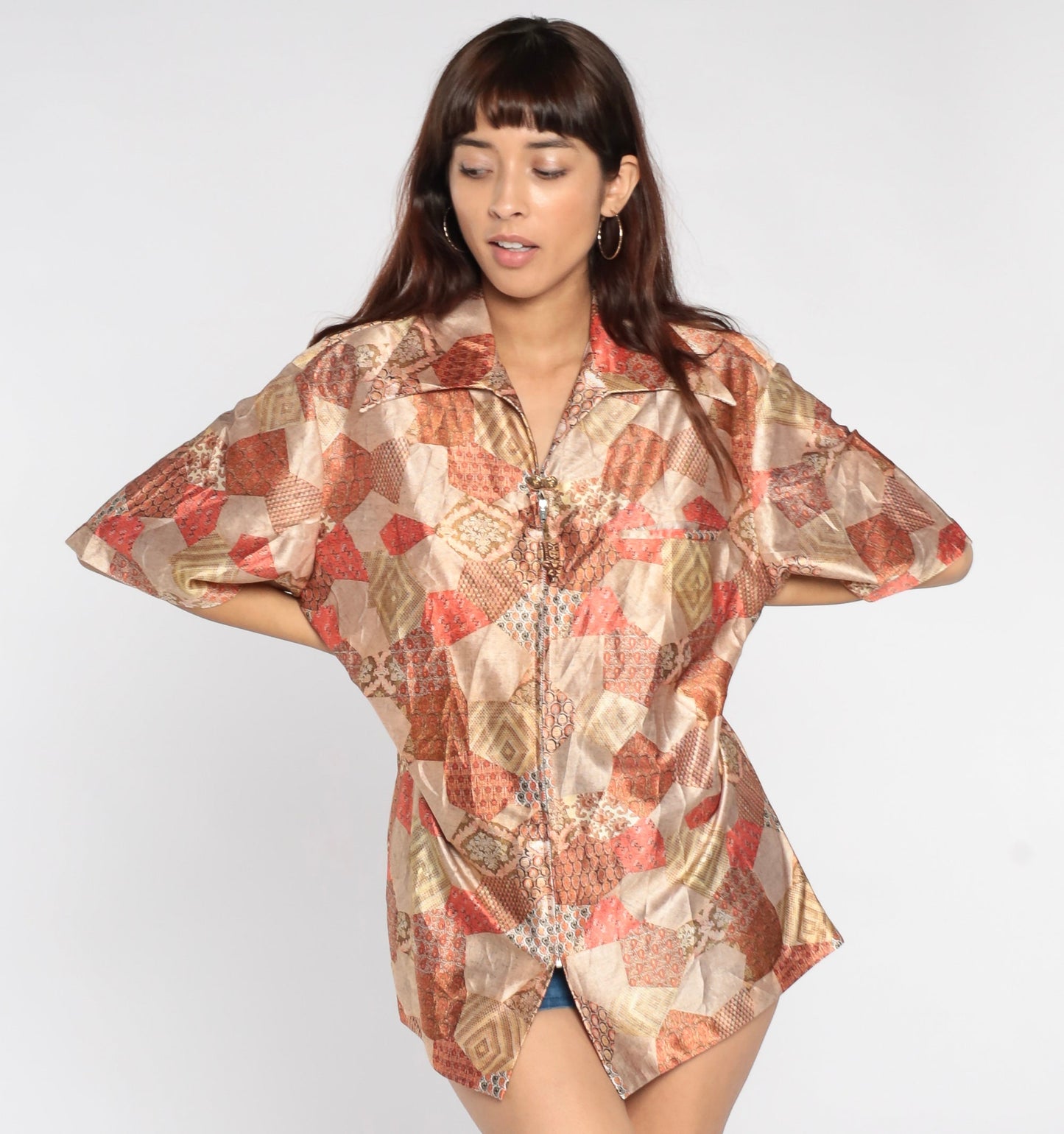 70s Patchwork Paisley Zip Shirt Short Sleeve Psychedelic Blouse Large