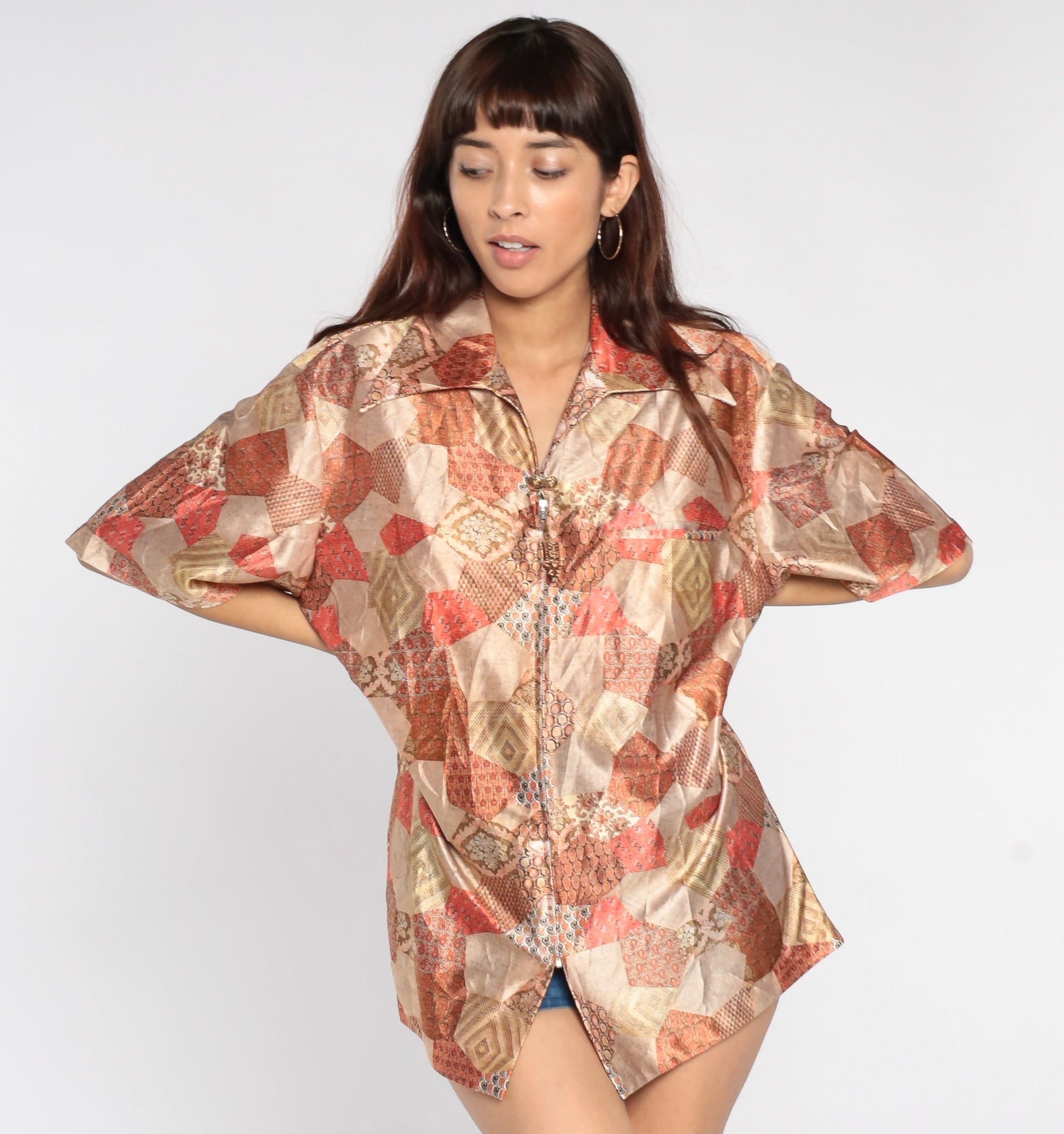 70s Patchwork Paisley Zip Shirt Short Sleeve Psychedelic Blouse Large